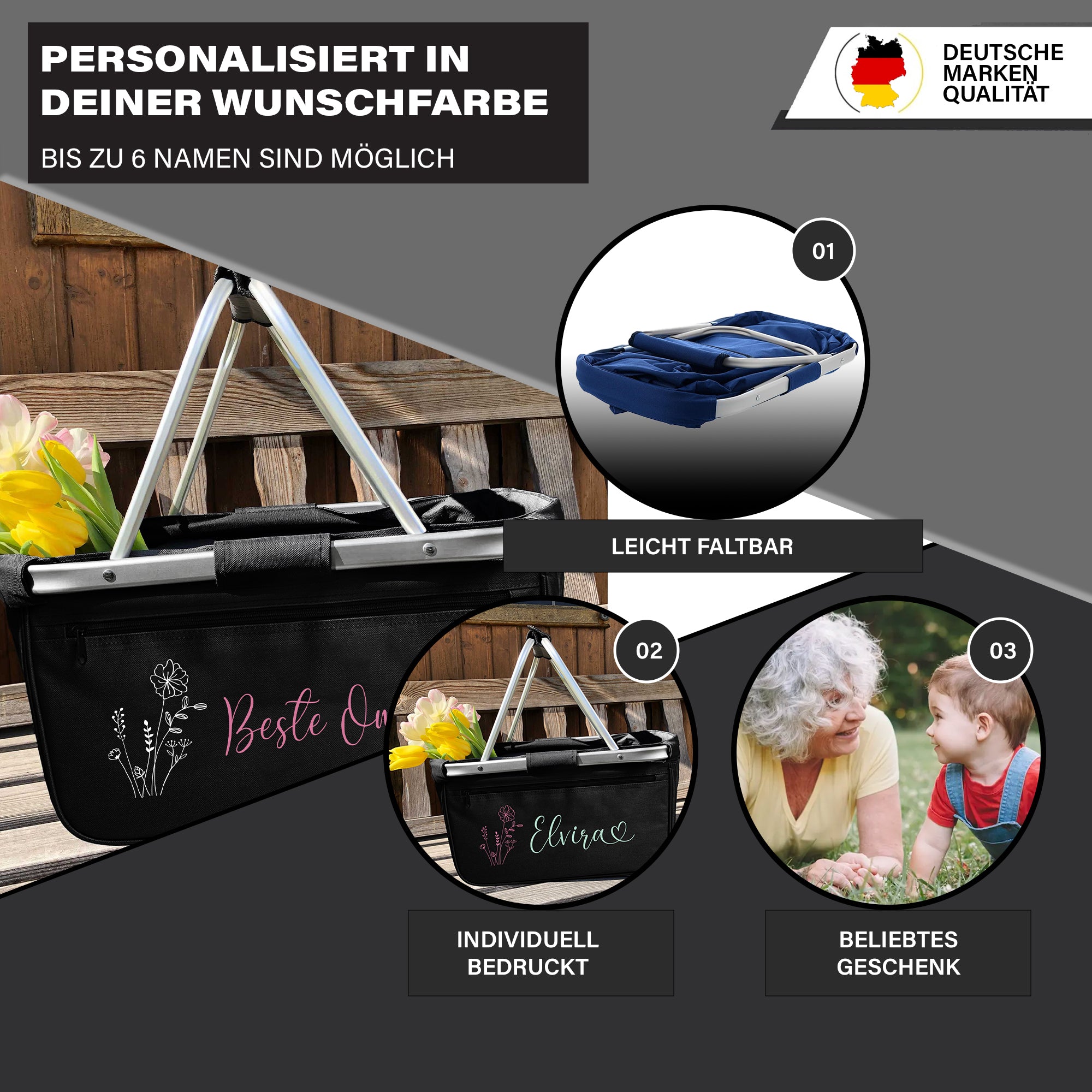 Einkaufskorb mit Name – personalisiert mit Herz & Blumenmotiv – Faltbarer Einkaufskorb für Frauen