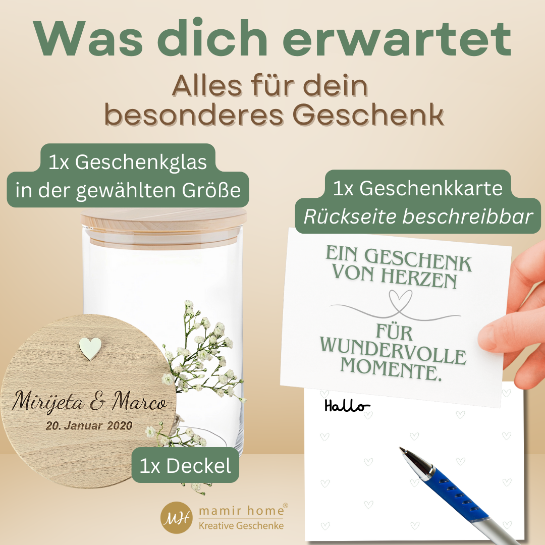 Personalisiertes Hochzeitsgeschenk – Geldgeschenk Hochzeit für das Brautpaar aus Glas mit Gravur | 3 Größen