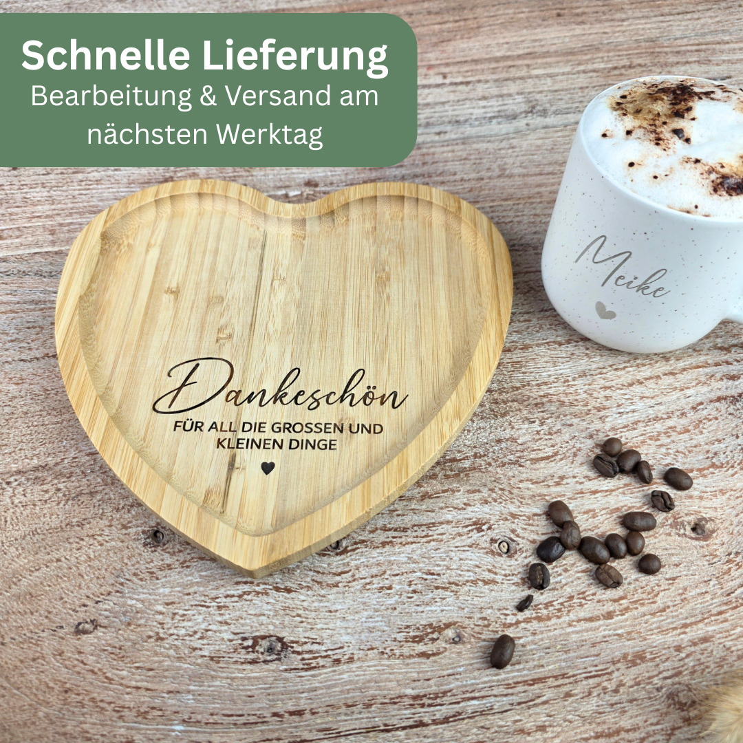 Dankeschön Geschenk mit Tasse & Herz-Tablett personalisiert