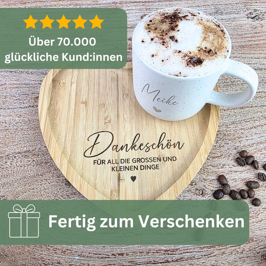 Dankeschön Geschenk mit Tasse & Herz-Tablett personalisiert