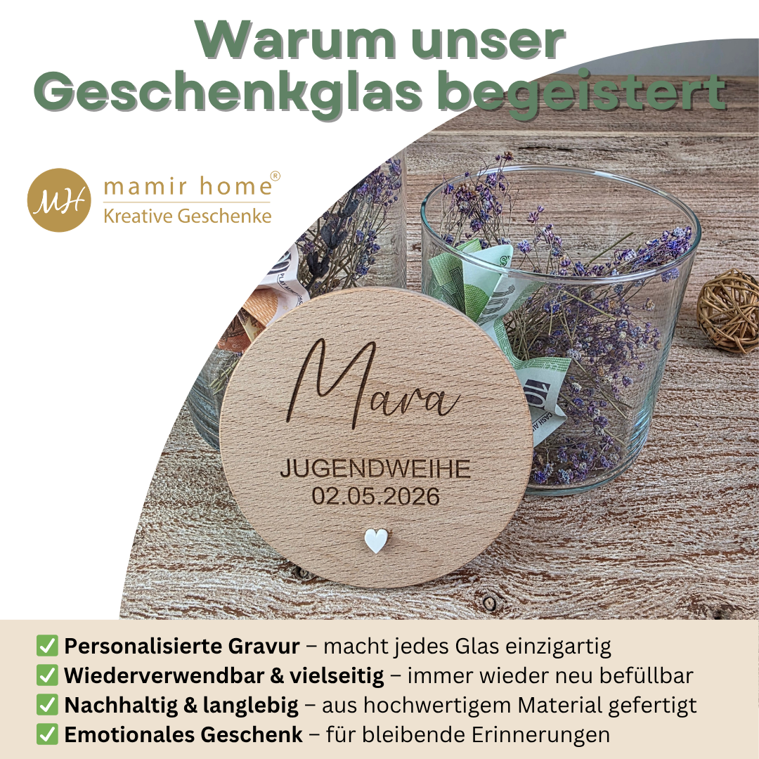 Geldgeschenk Jugendweihe personalisiert mit Name – Geschenk Jugendweihe Mädchen & Junge – Glas mit Gravur & 3D Herz