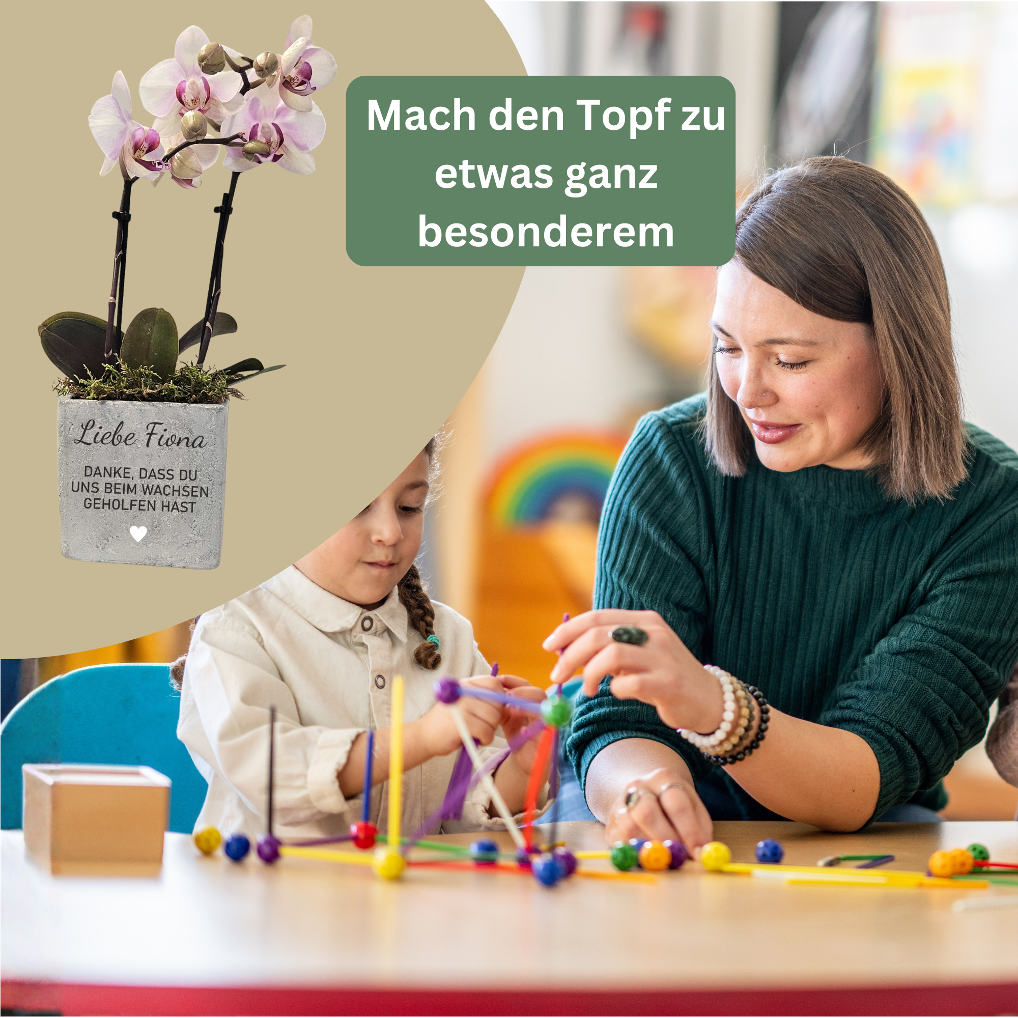Abschiedsgeschenk Erzieherin personalisiert – Danke, dass du mir / uns beim Wachsen geholfen hast – Blumentopf aus Beton in 2 Größen