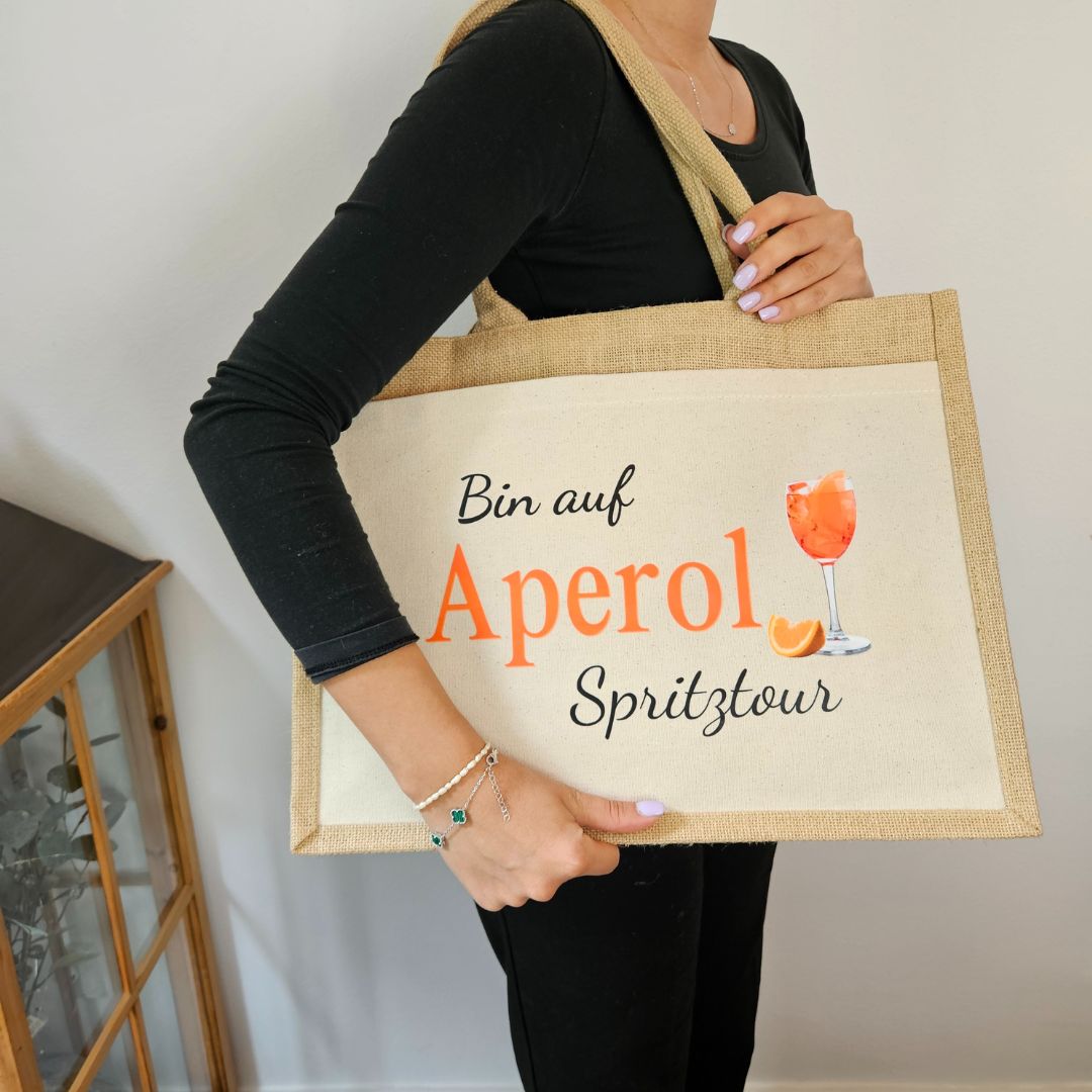 Aperol Geschenk Tasche „Bin auf Aperol Spritztour“ – Jutetasche in 3 Größen