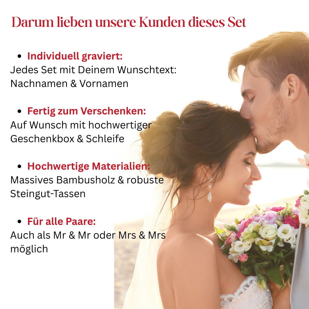 Hochzeitsgeschenk personalisiert – Mr & Mrs Tassen mit Namen & Herz-Tablett | Geschenk für das Brautpaar | Steingut Tasse Neutral
