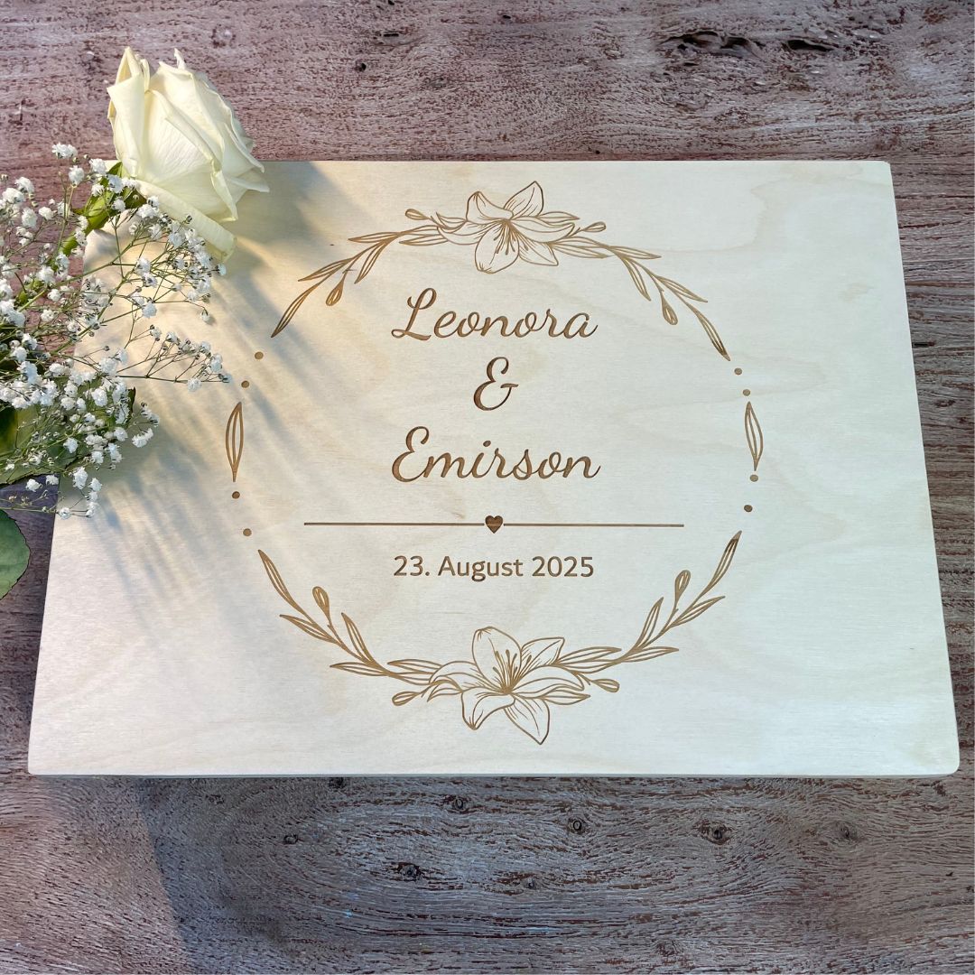 Geschenkbox Hochzeit personalisiert aus Holz – Erinnerungskiste Hochzeit mit Namen & Datum