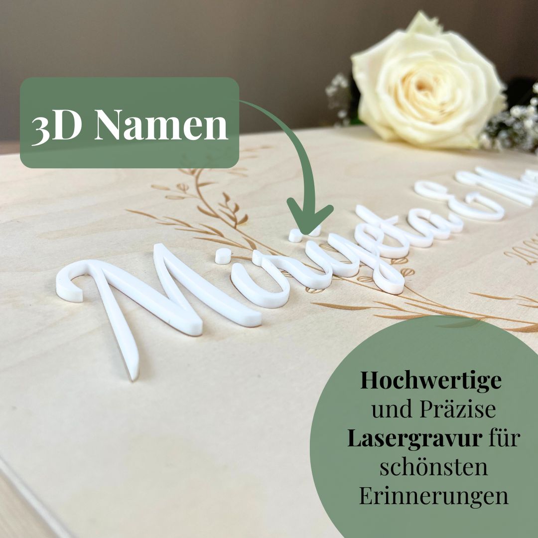 Nahaufnahme der erhabenen 3D-Namen auf der personalisierten Erinnerungskiste mit Lasergravur.