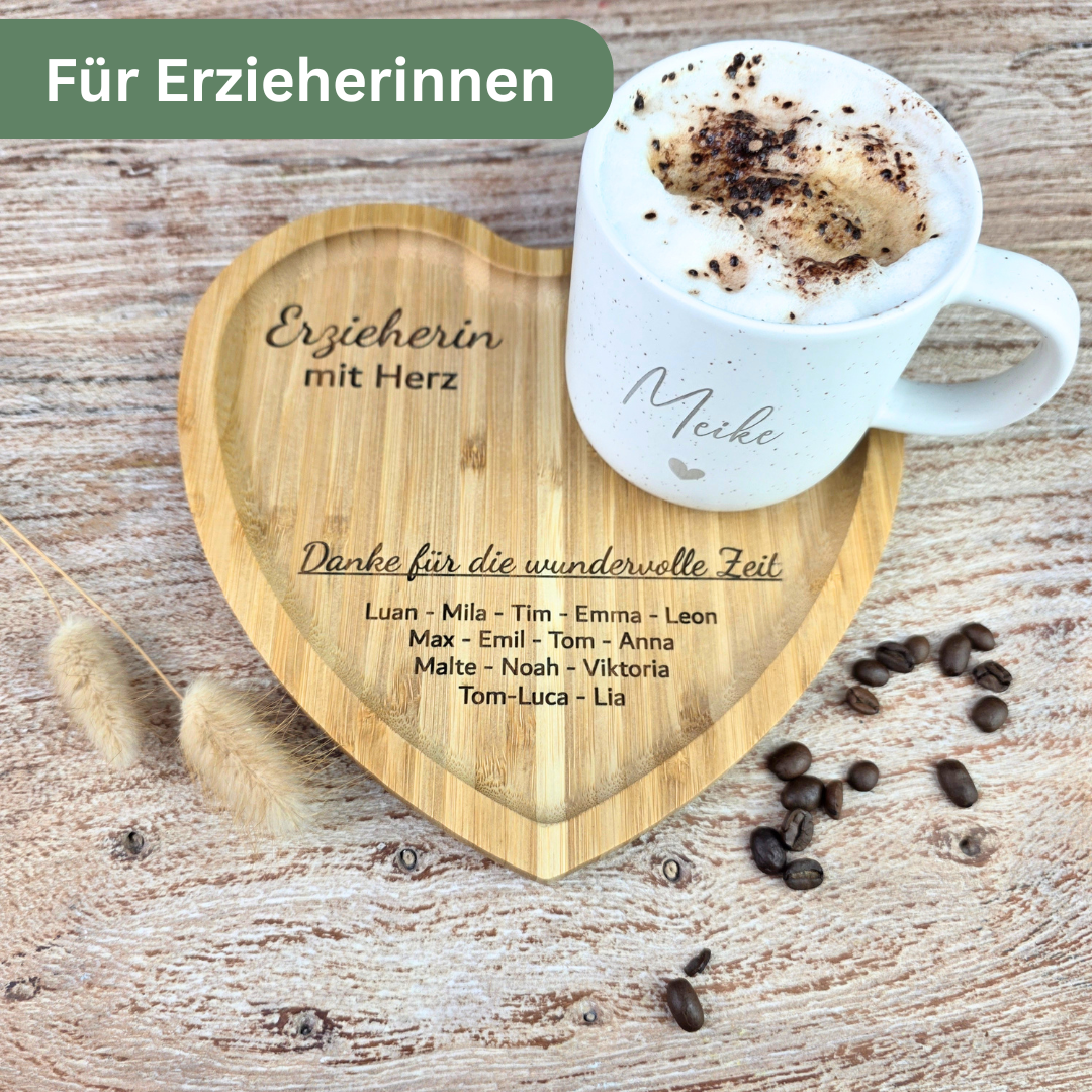 Abschiedsgeschenk Erzieherin mit Kindernamen – Personalisierte Tasse & Herz-Tablett | Geschenk Erzieherin Abschied