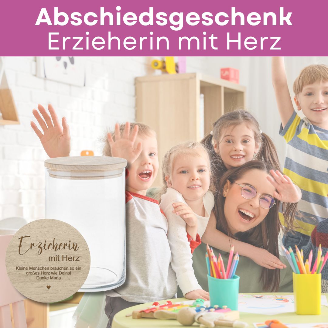 Abschiedsgeschenk Erzieherin oder Lehrerin | Personalisiertes Vorratsglas mit Gravur | Kleine Menschen brauchen ein großes Herz | Geschenk mit Namen