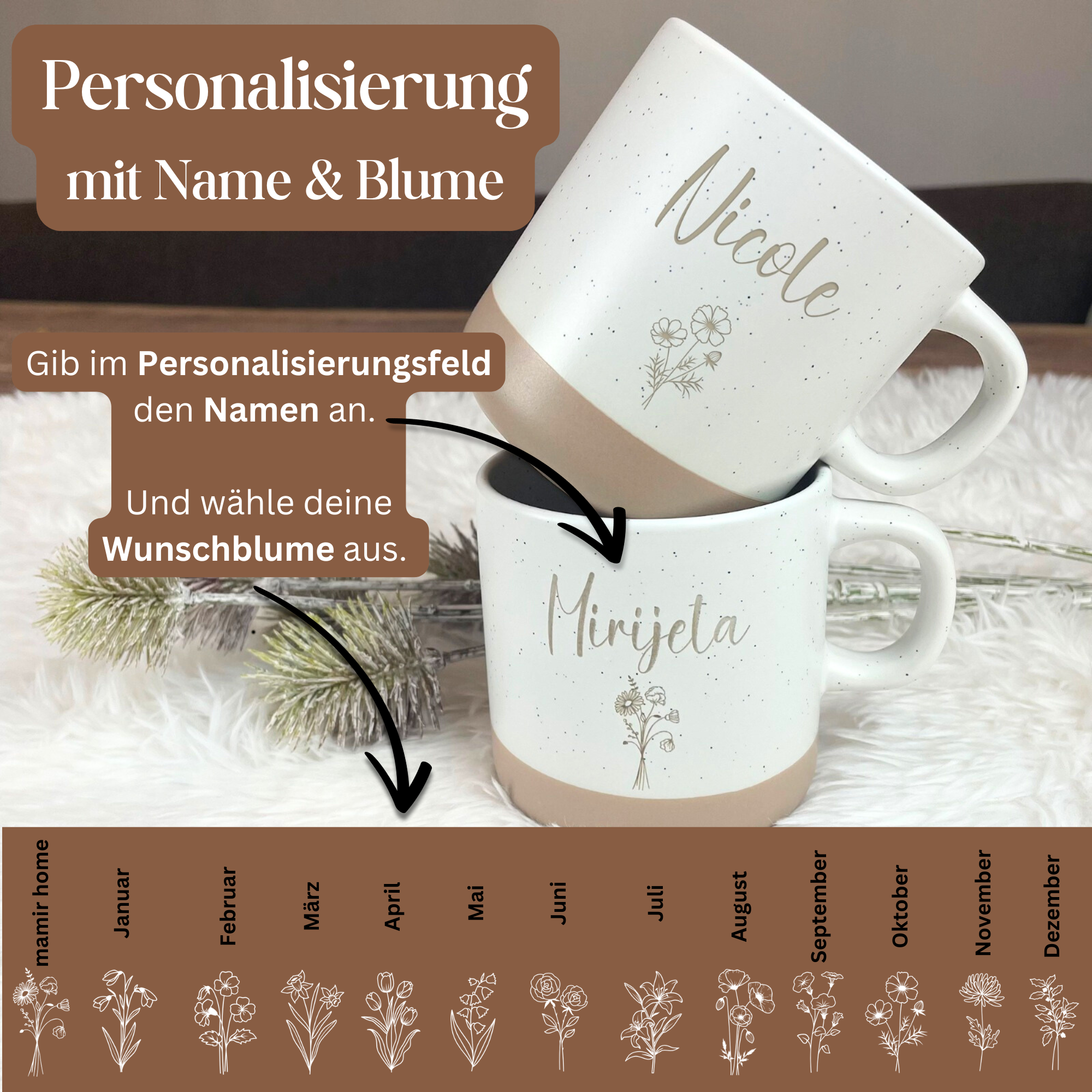 Personalisierte Tasse mit Namen & Geburtsblume – einzigartiges Geschenk für Frauen