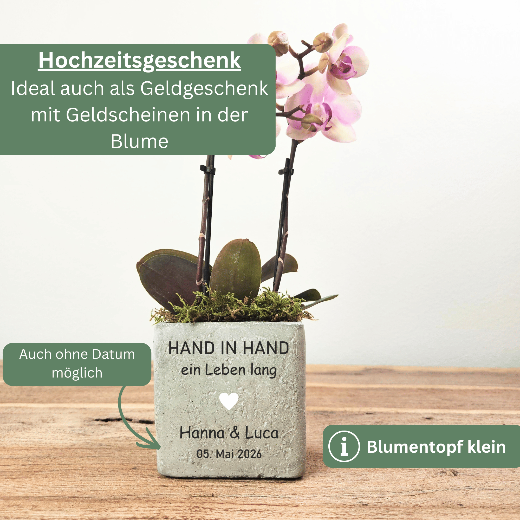 Hochzeit Geschenk für Brautpaar – Personalisiertes Hochzeitsgeschenk Blumentopf | HAND IN HAND ein Leben lang