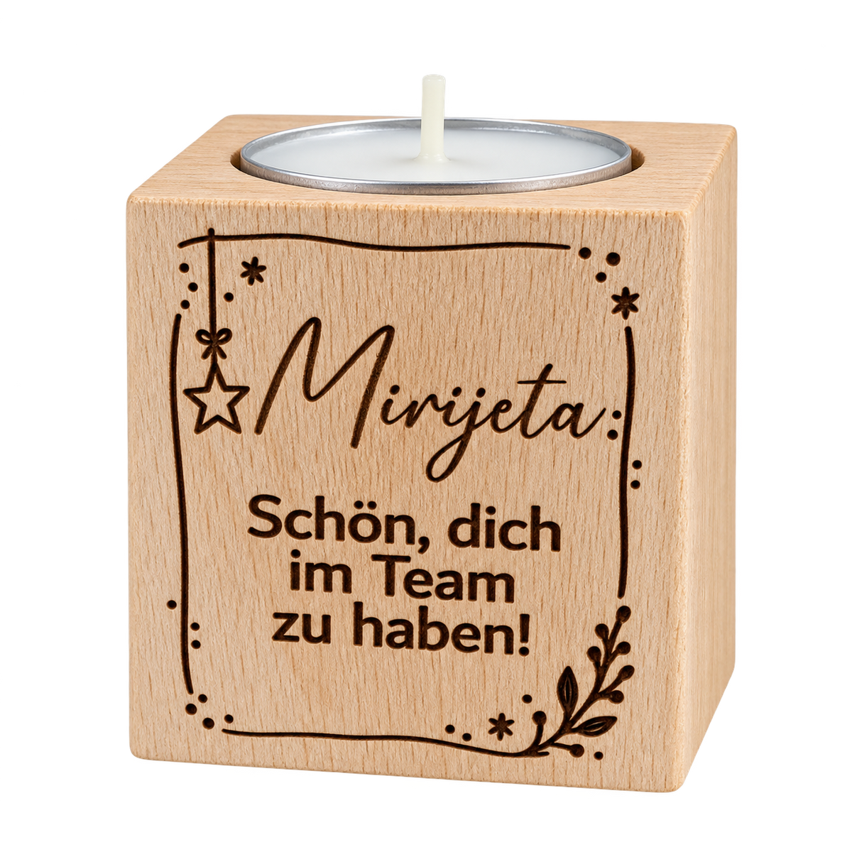 Teelichthalter mit Namen aus Holz – personalisiertes Teamgeschenk