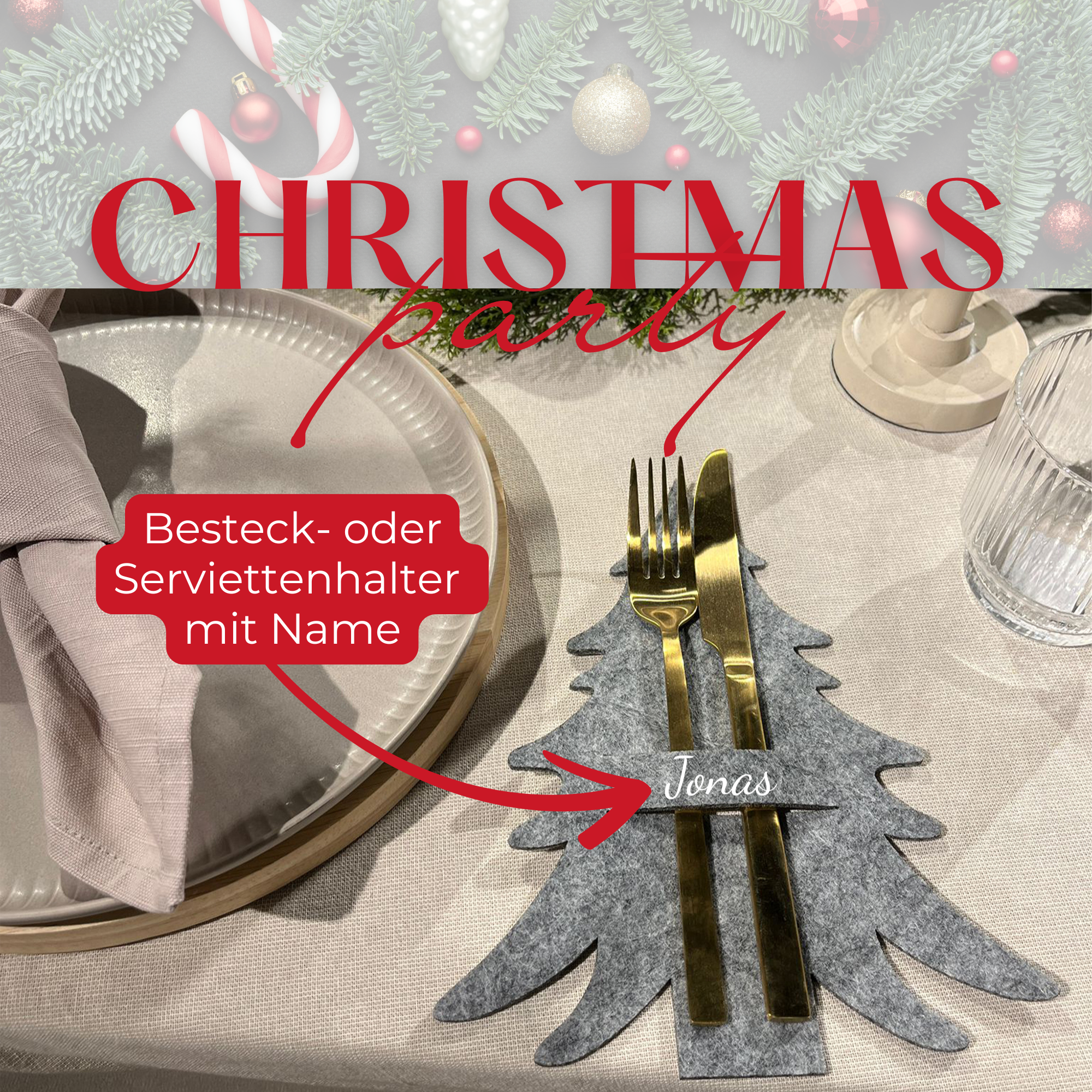 Bestecktasche Weihnachten personalisiert | Filz Tannenbaum Besteckhalter | Tischdeko festlich | Serviettenhalter Frohe Weihnachten