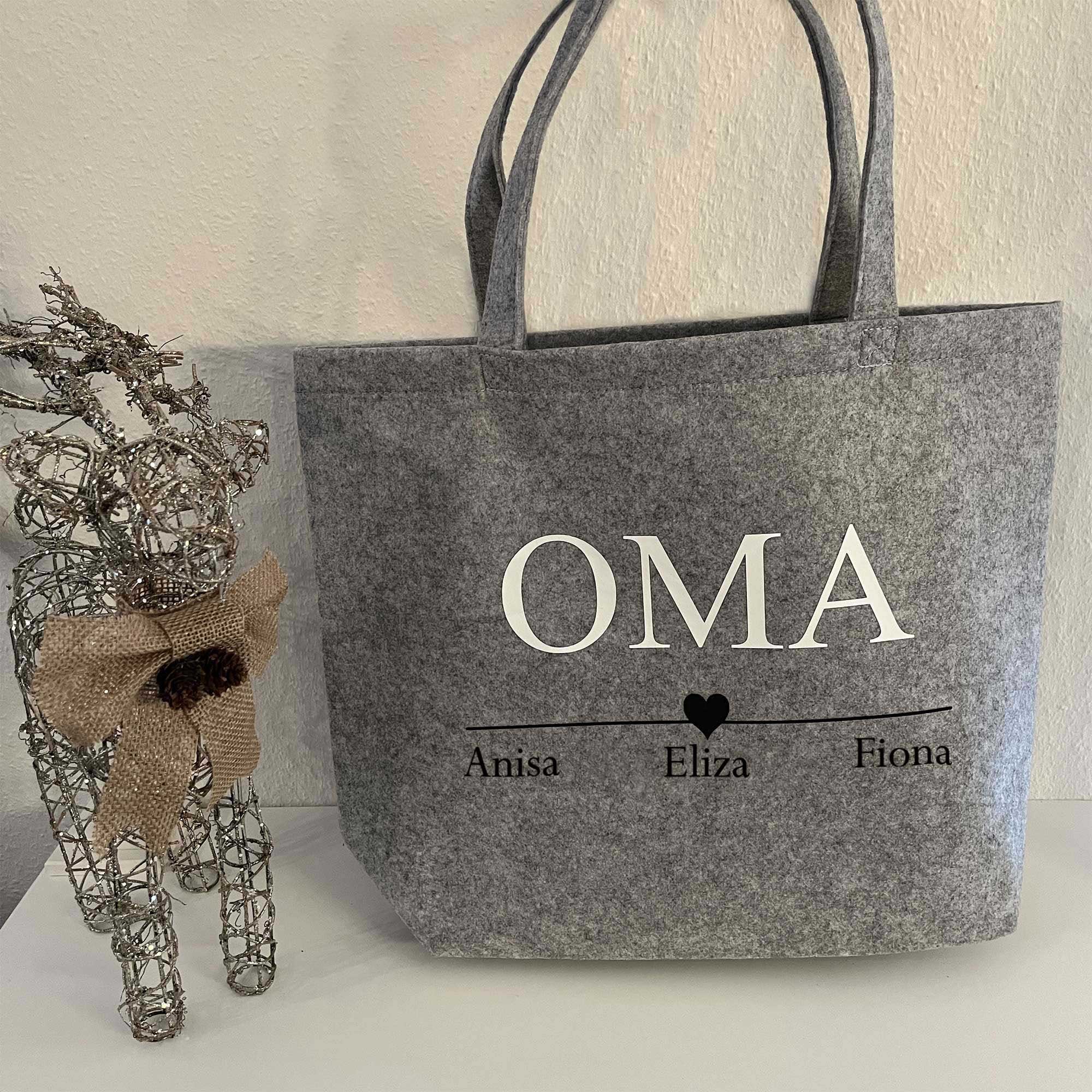 Filzshopper für Oma mit Namen Anisa und Fiona – graue personalisierte Tasche zum Verschenken