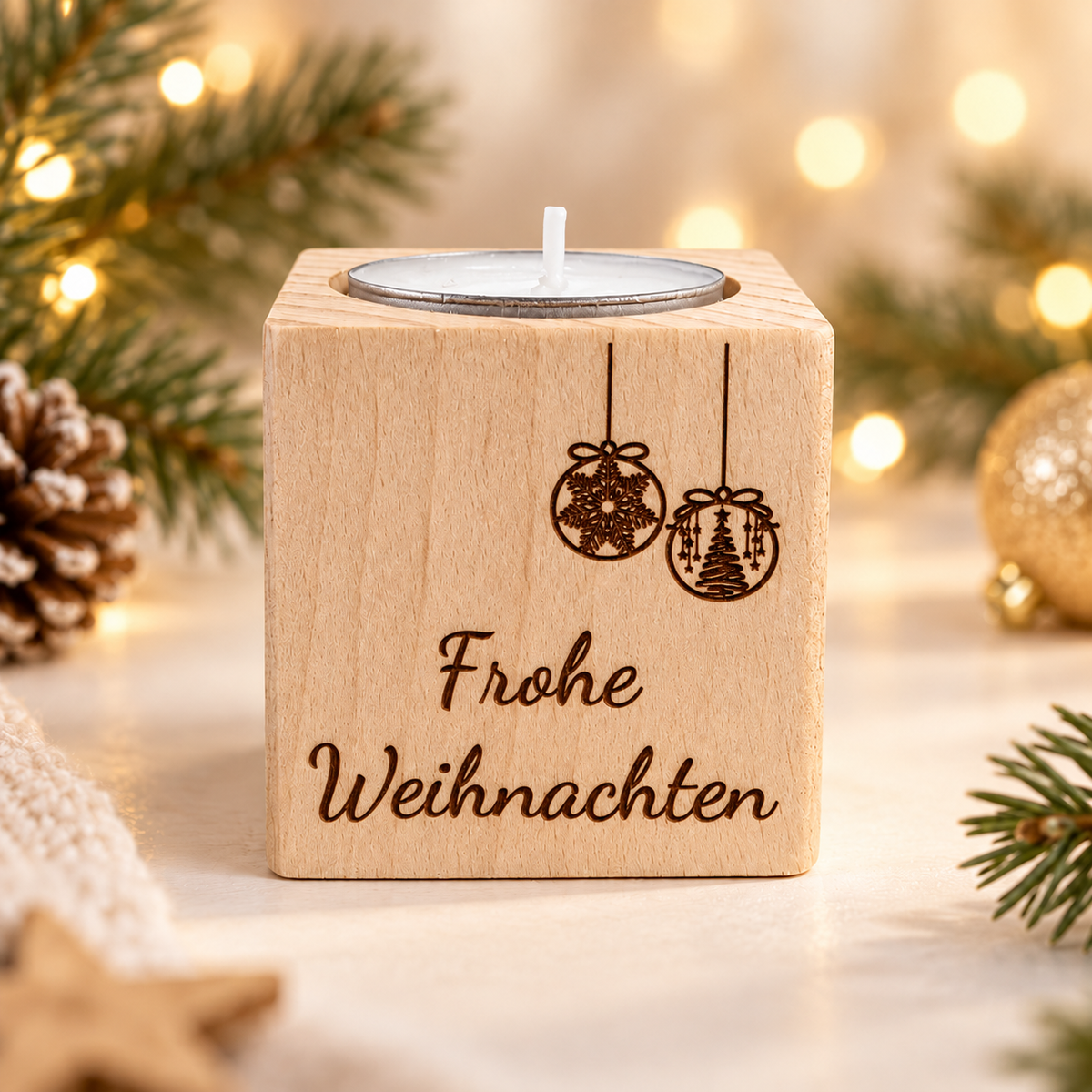 Teelichthalter Holz „Frohe Weihnachten“ – Mitarbeitergeschenk