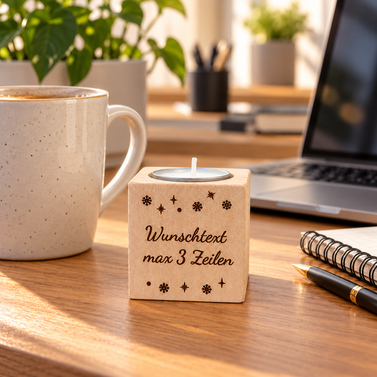 Teelichthalter mit Logo oder Wunschtext – Mitarbeitergeschenk aus Holz