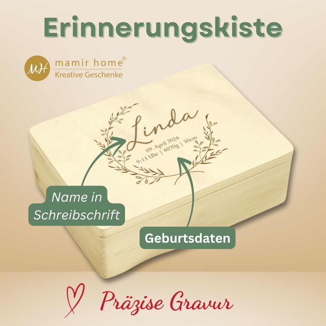 Erinnerungskiste Baby personalisiert mit Blumenkranz | Erinnerungskiste Geburt | Holzkiste Geschenk zur Geburt