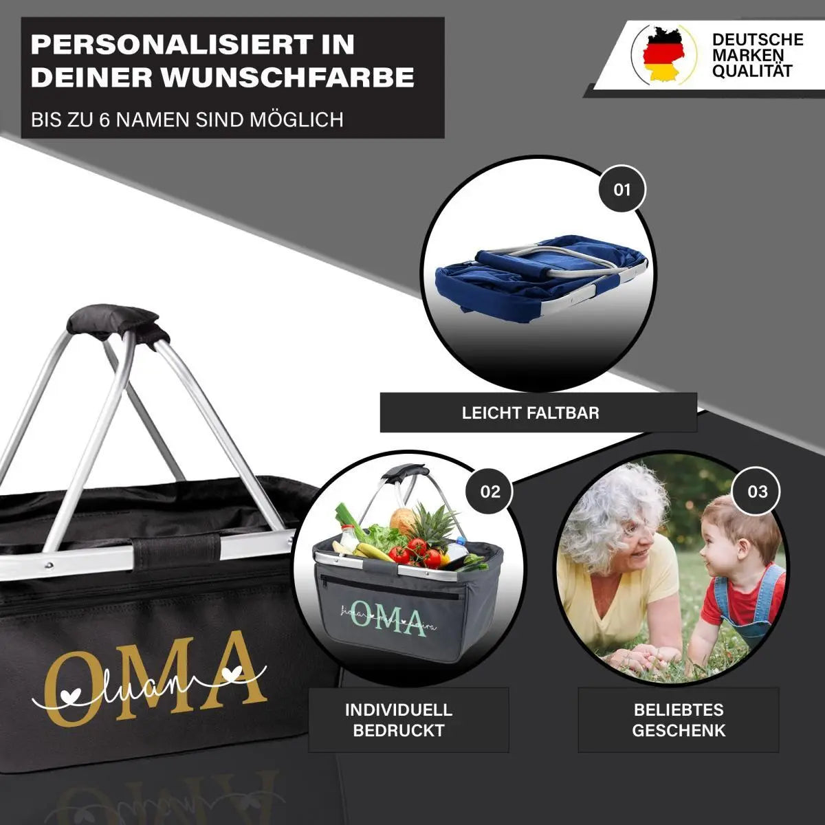 Einkaufskorb personalisiert – Oma Geschenk mit Kindernamen & Herzen | OMA Einkaufskorb in Top Qualität
