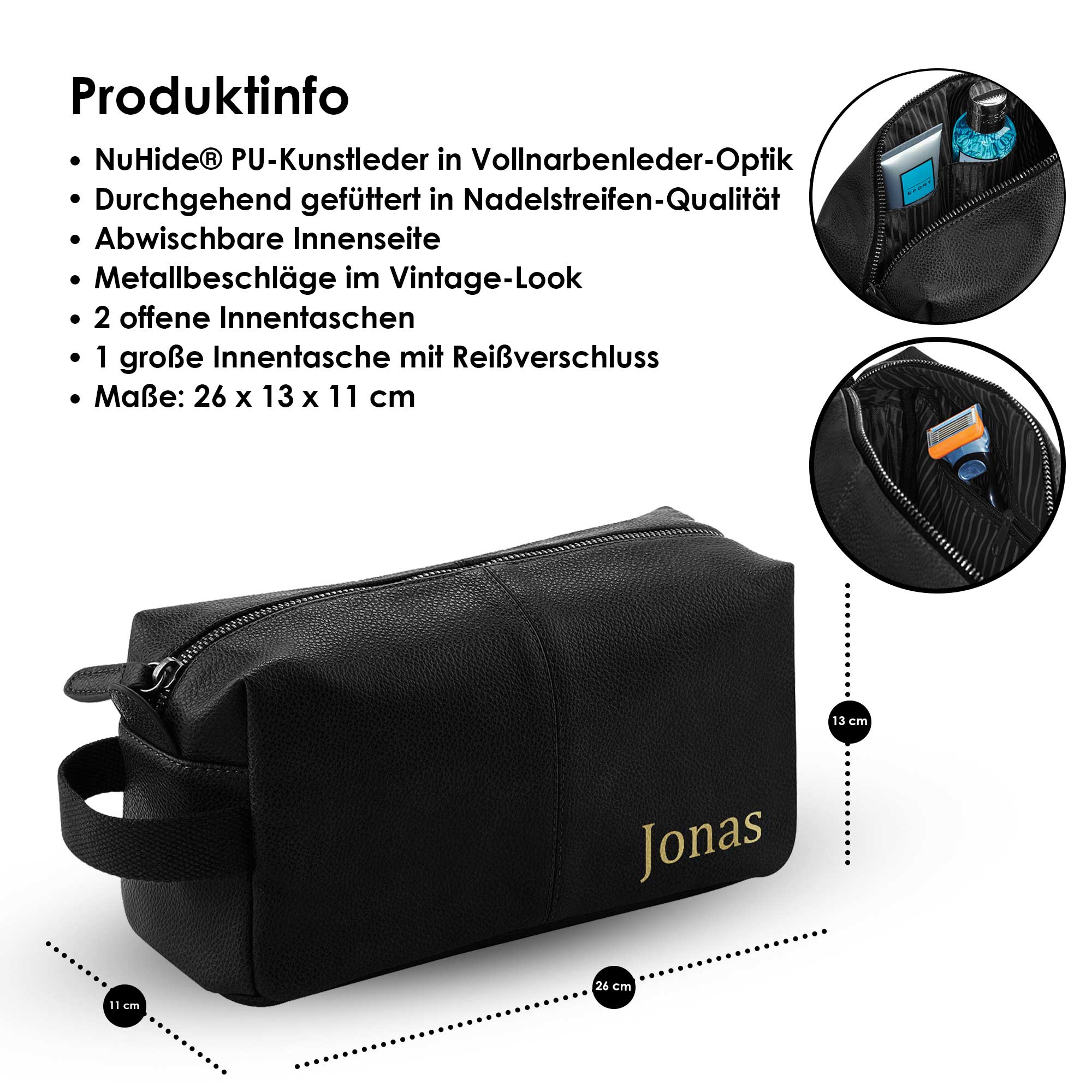 Kulturbeutel Herren mit Namen personalisiert | Kulturtasche Männer Geschenk | Kulturbeutel personalisiert Männer Braun Schwarz