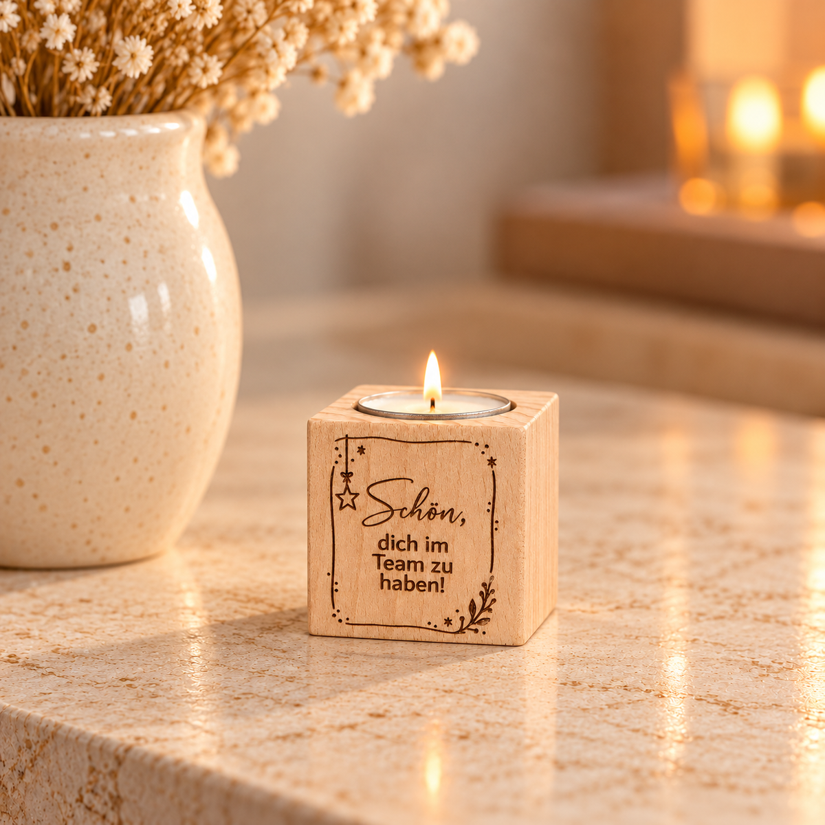 Teamgeschenk: Teelichthalter aus Holz „Schön, dich im Team zu haben!“