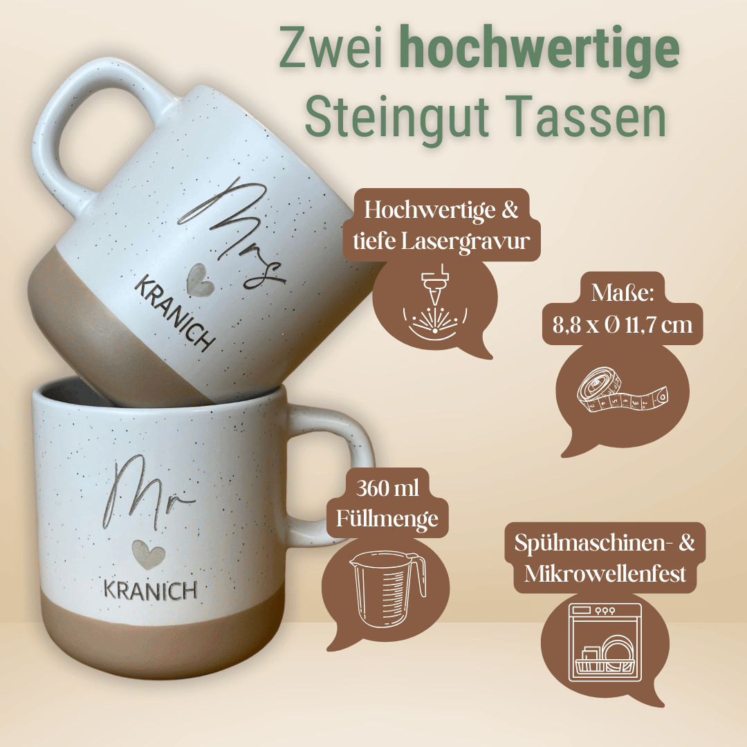 Hochzeitsgeschenk personalisiert mit Herz-Tablett | Mr & Mrs Tassen mit Namen | Geschenkset Hochzeit mit Geschenkbox