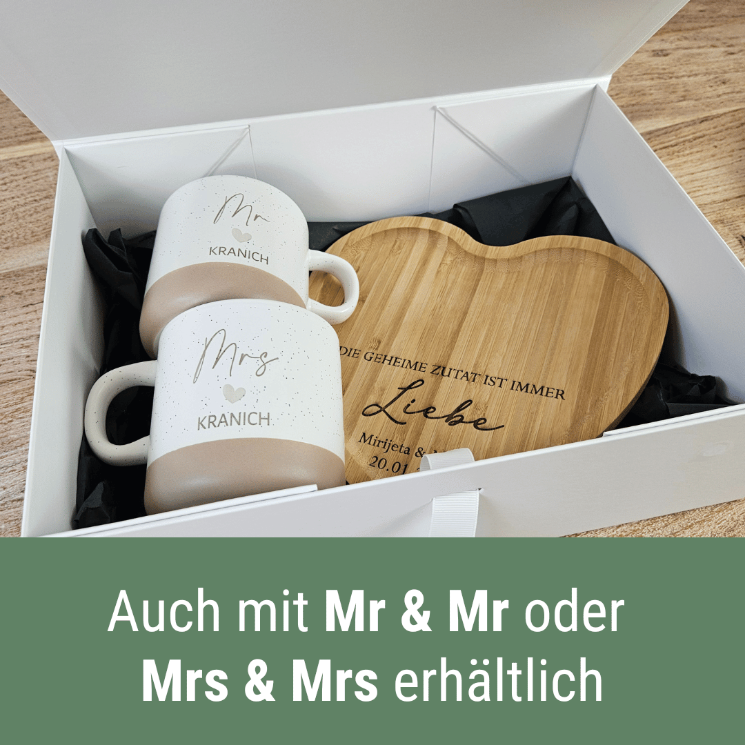 Hochzeitsgeschenk personalisiert mit Herz-Tablett | Mr & Mrs Tassen mit Namen | Geschenkset Hochzeit mit Geschenkbox