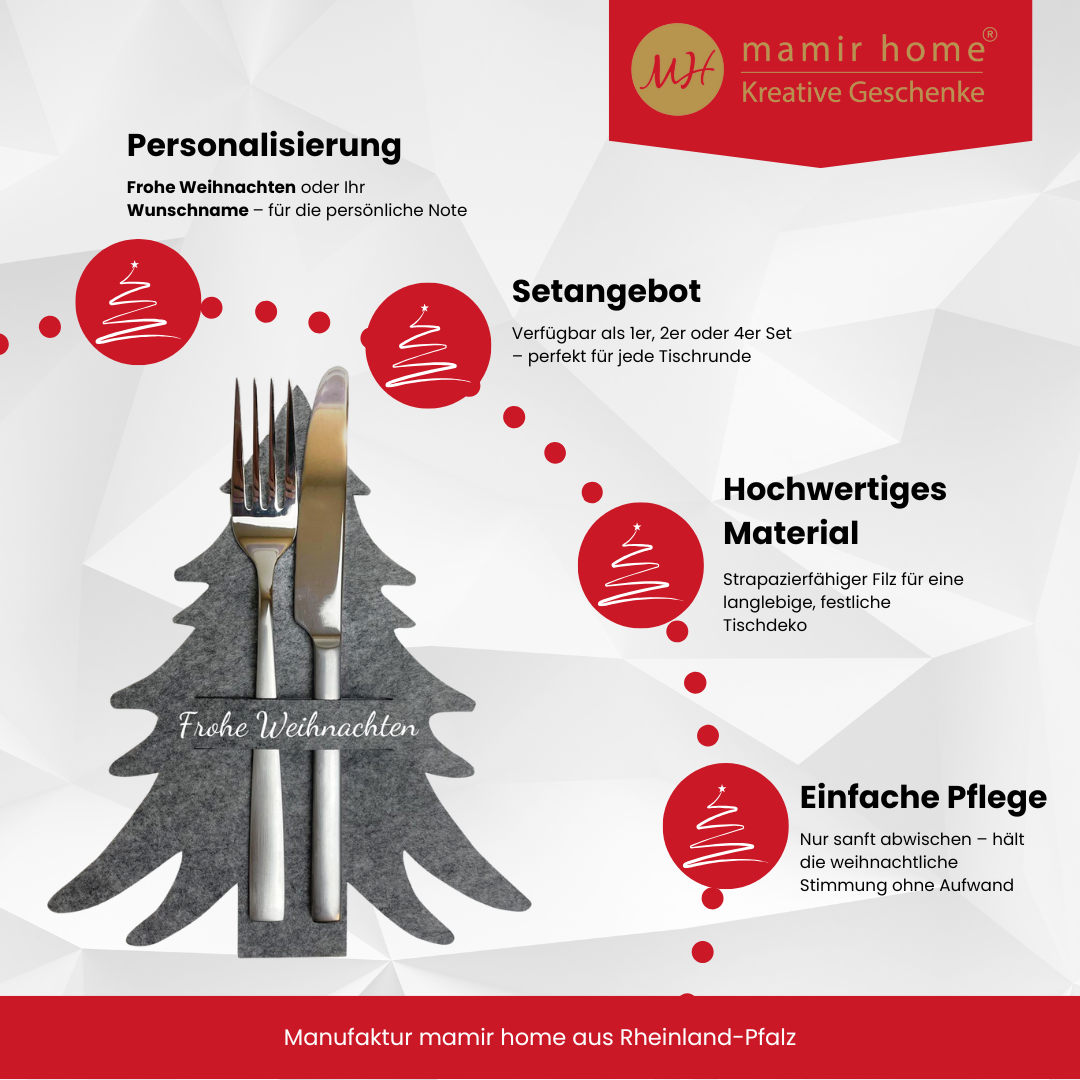 Bestecktasche Weihnachten personalisiert | Filz Tannenbaum Besteckhalter | Tischdeko festlich | Serviettenhalter Frohe Weihnachten