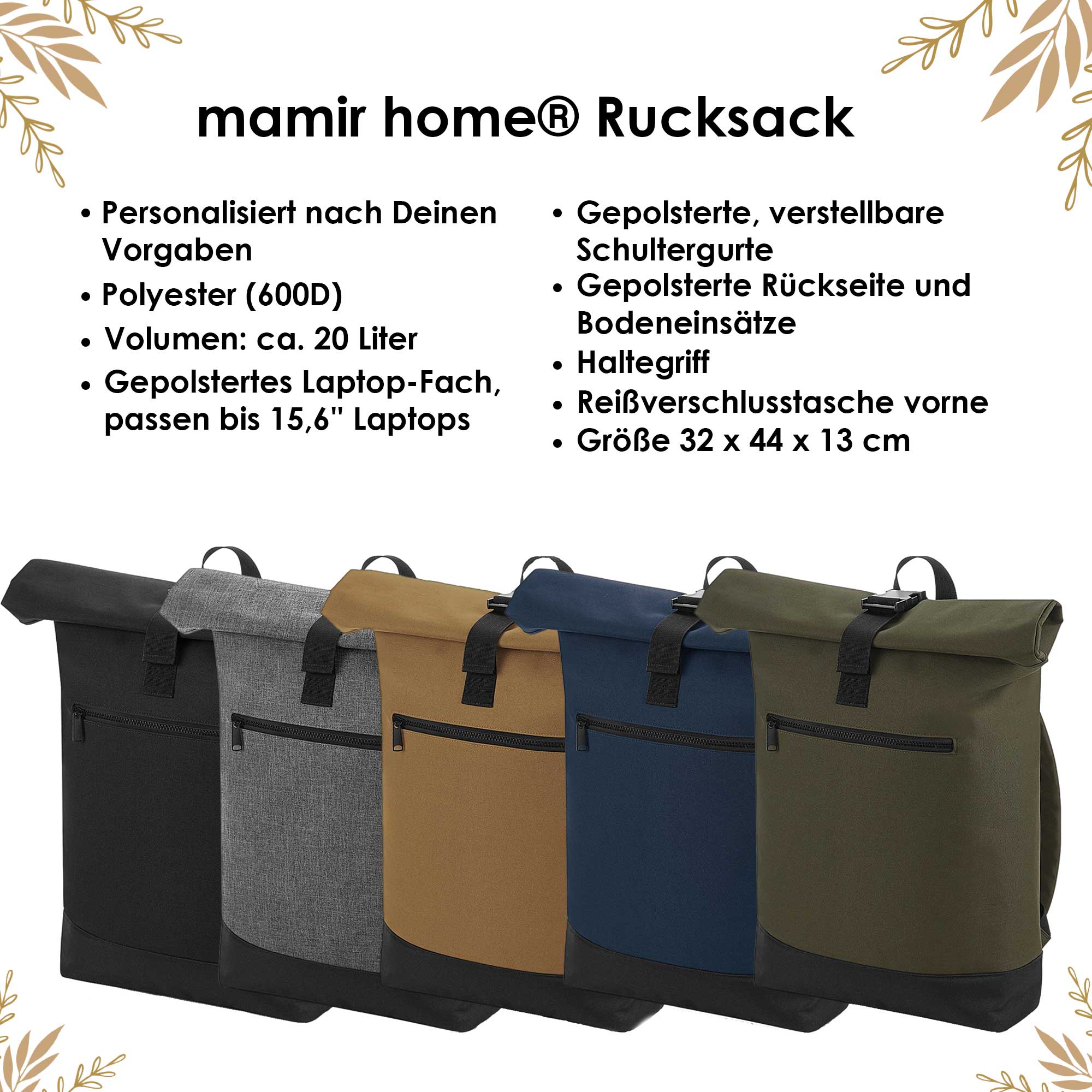 Wickelrucksack personalisiert Damen | Rolltop Rucksack mit Namen für Mama – personalisierter Rucksack für Erwachsene
