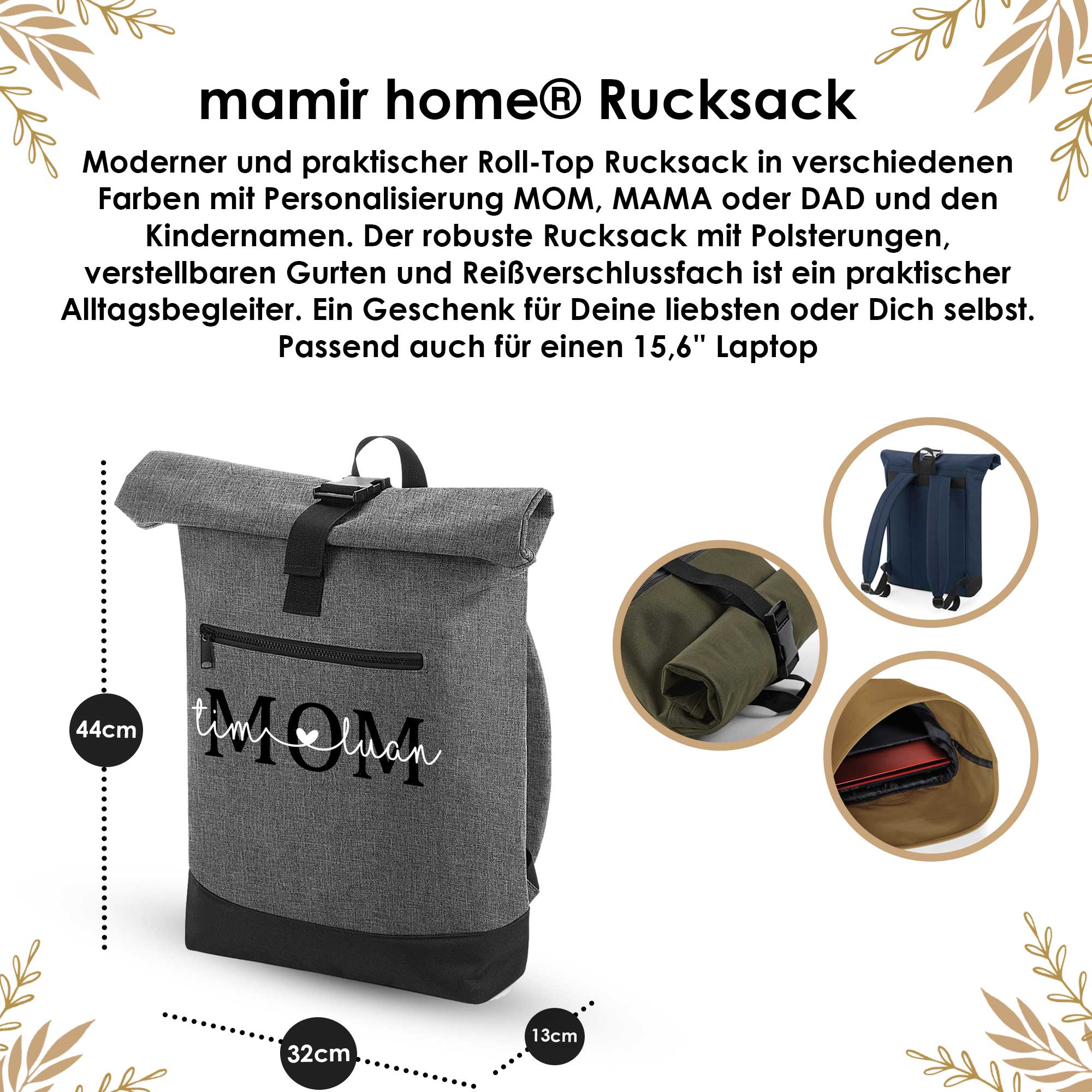 Wickelrucksack personalisiert Damen | Rolltop Rucksack mit Namen für Mama – personalisierter Rucksack für Erwachsene