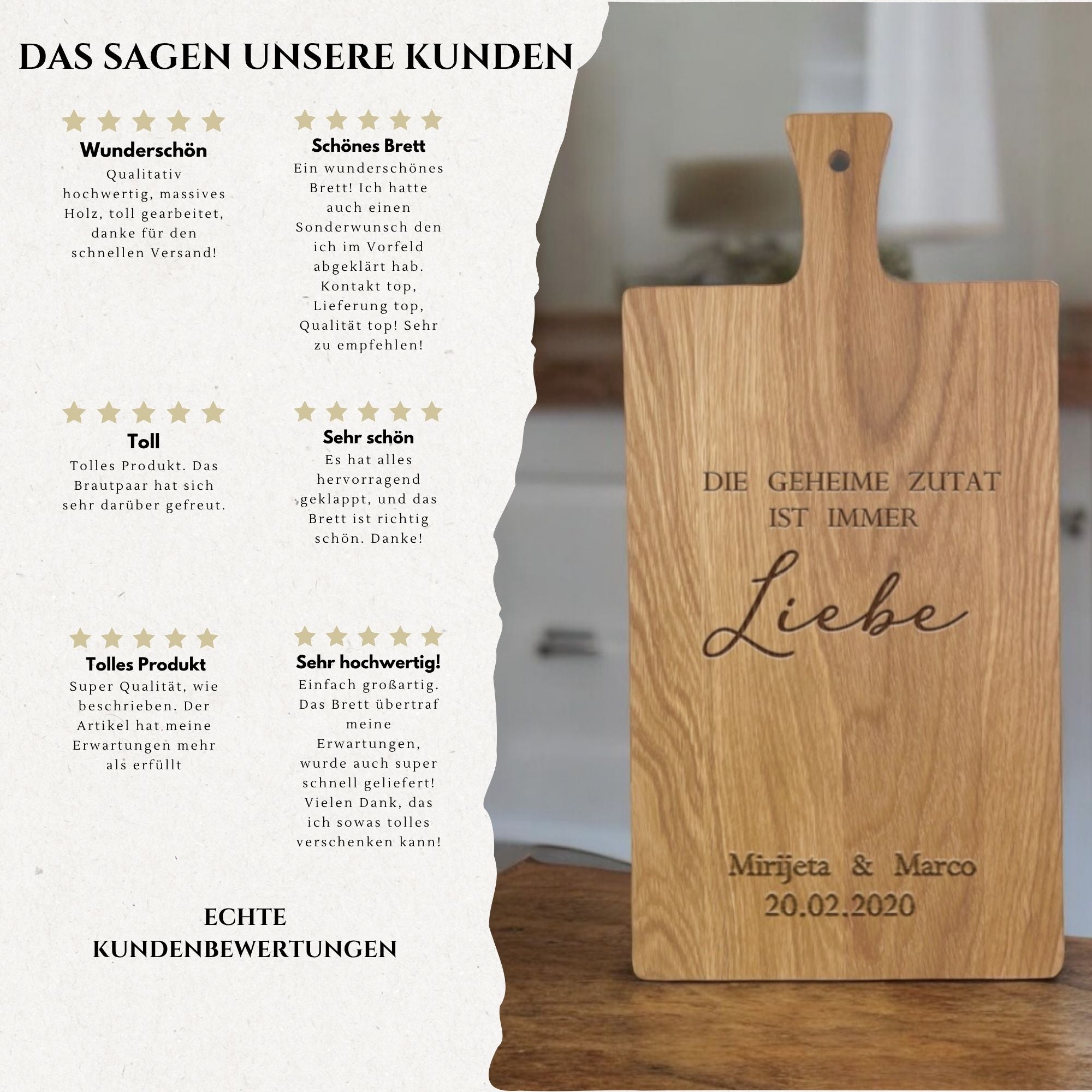 Schneidebrett Hochzeit personalisiert – Die geheime Zutat ist immer Liebe | Geschenk Brautpaar | Eichenholz mit Namen & Datum