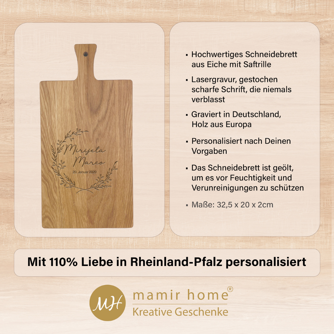 Personalisiertes Schneidebrett zur Hochzeit | Hochzeitsgeschenk mit Gravur | Brautpaar Geschenk | Blumenkranz mit Namen des Brautpaars