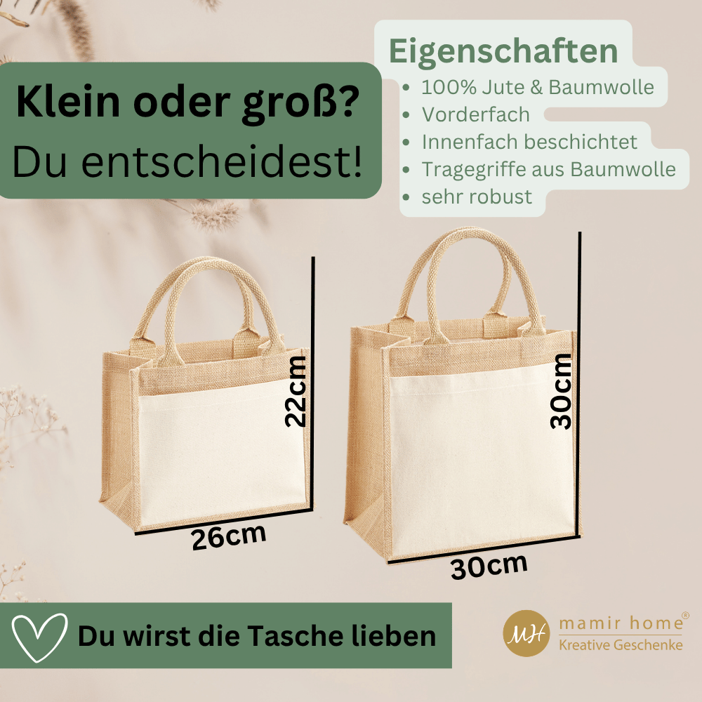 Größenvergleich der Jutetaschen WM425 und WM426 mit Maßen 26 × 22 cm und 30 × 30 cm, beide mit naturfarbener Jute und heller Baumwoll-Vorderseite.