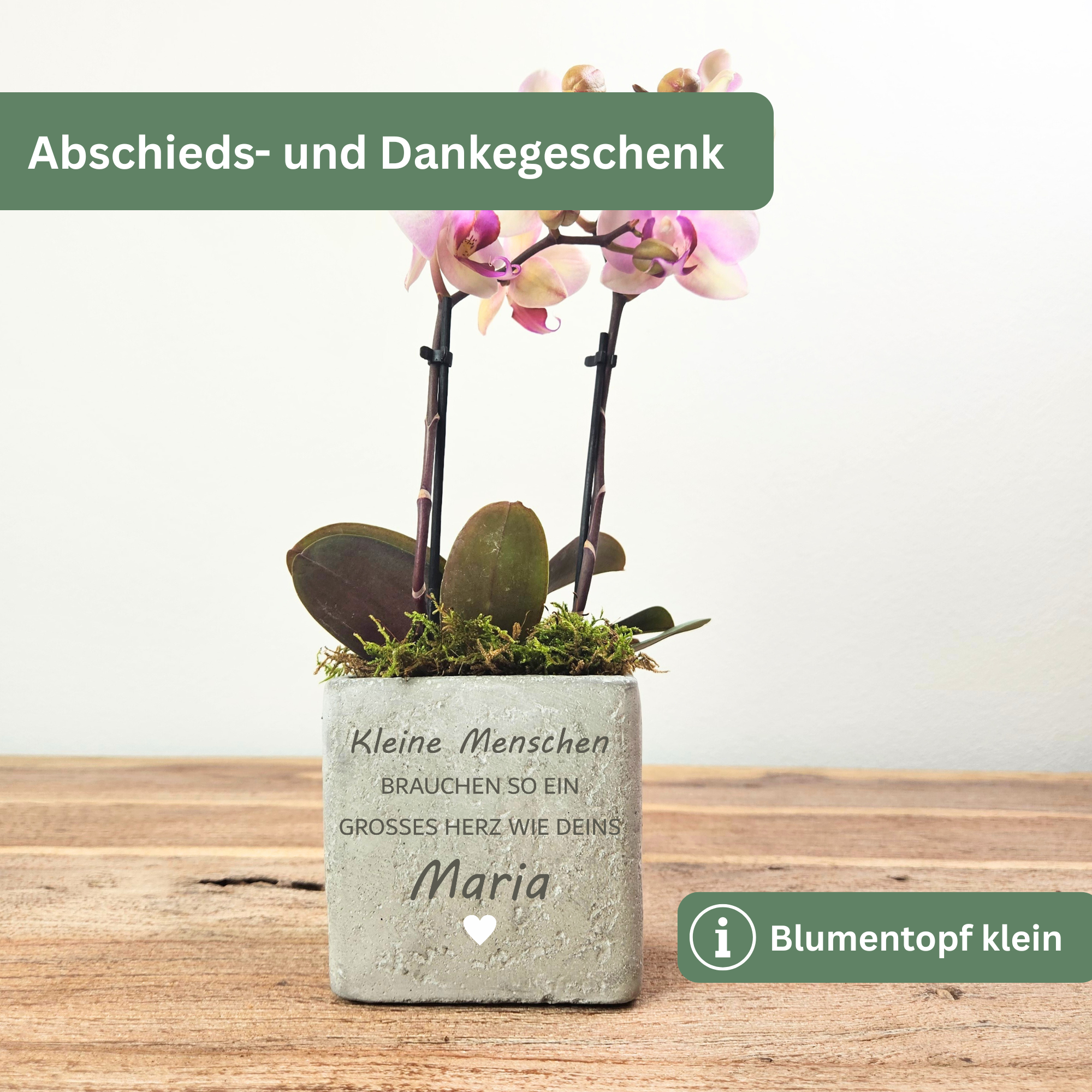 Abschiedsgeschenk Erzieherin personalisiert – Blumentopf aus Beton mit Gravur & 3D Herz - 2 Größen