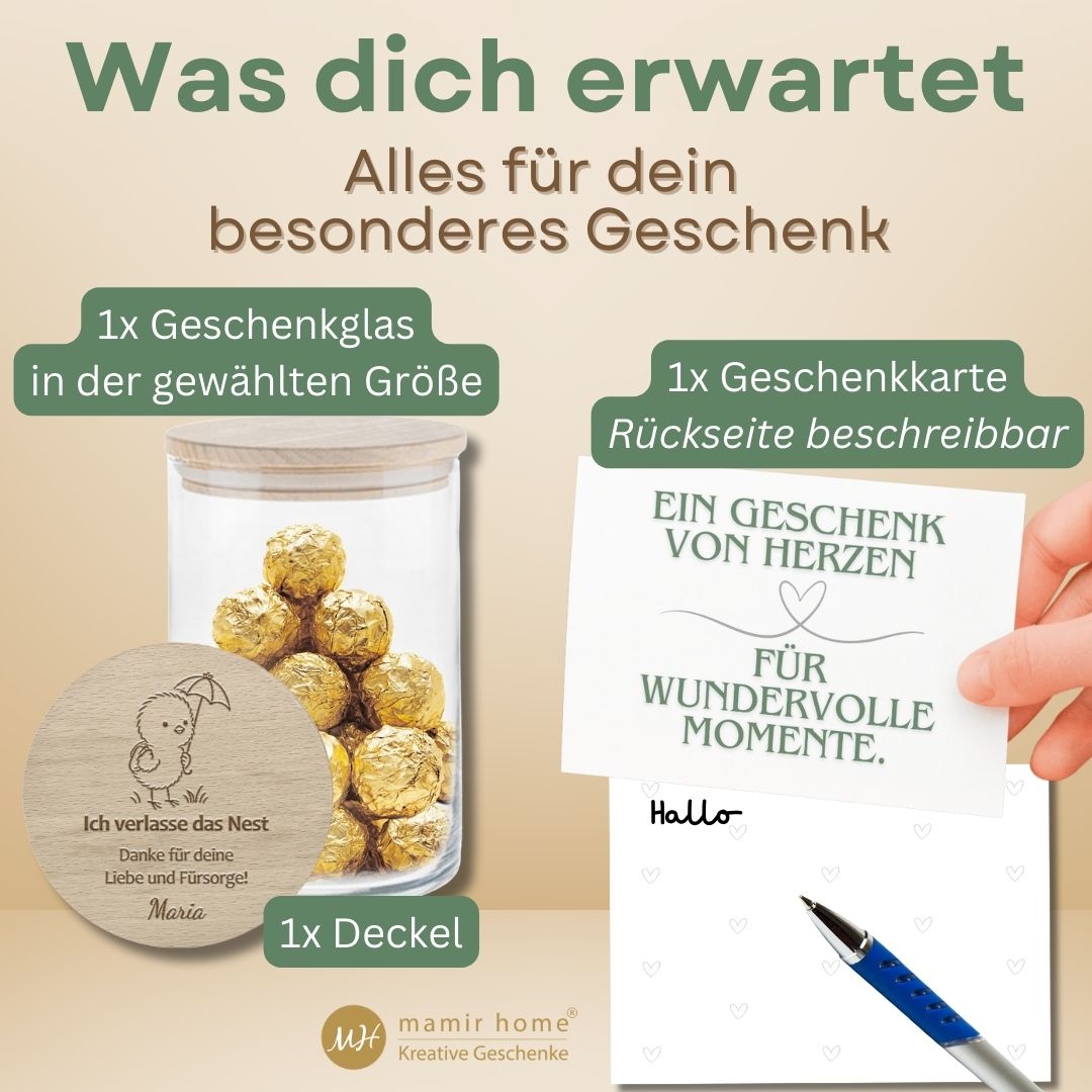 Inhalt des personalisierten Geschenkglases mit Küken-Gravur und beschriftbarer Karte