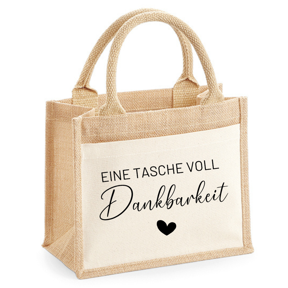 Naturfarbene Jutetasche mit schwarzem Aufdruck Eine Tasche voll Dankbarkeit und Herz, liebevolles Abschiedsgeschenk für Erzieherin, Lehrerin oder Kollegin.