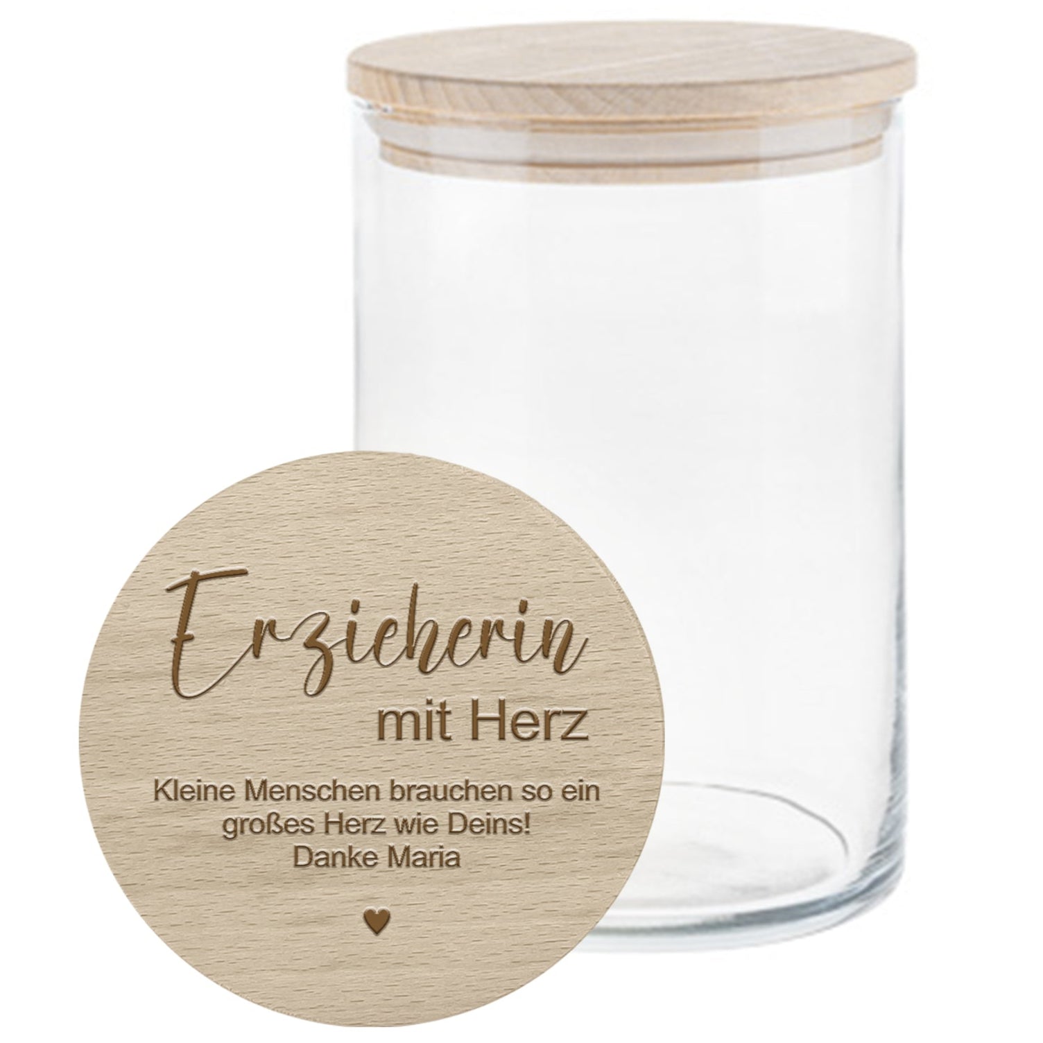 Personalisierte Vorratsdose als Abschiedsgeschenk für Erzieherin mit Herz und Spruch