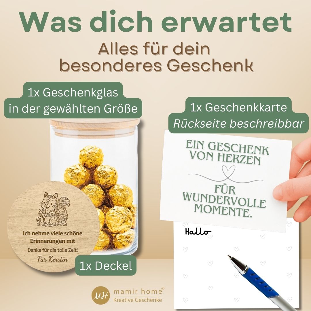 Personalisierbares Vorratsglas mit Gravur und beschreibbarer Geschenkkarte als Abschiedsgeschenk für Erzieherin