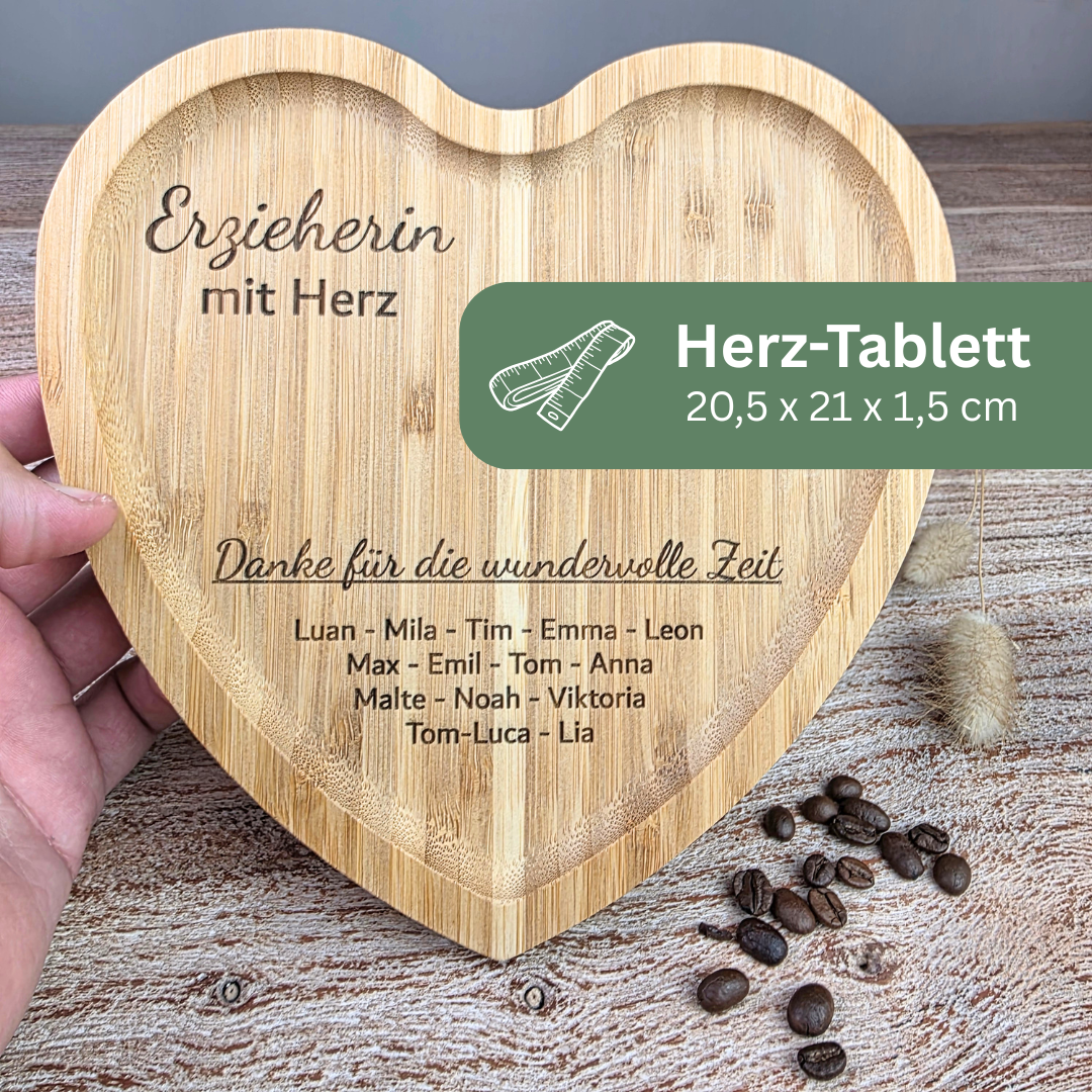 Abschiedsgeschenk Erzieherin mit Kindernamen – Personalisierte Tasse & Herz-Tablett | Geschenk Erzieherin Abschied
