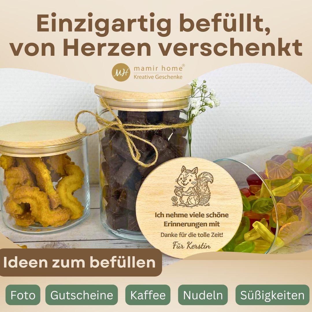 Vorratsglas als Geschenk zum Abschied im Kindergarten, befüllt mit Süßem, Gravur mit Eichhörnchen und Name