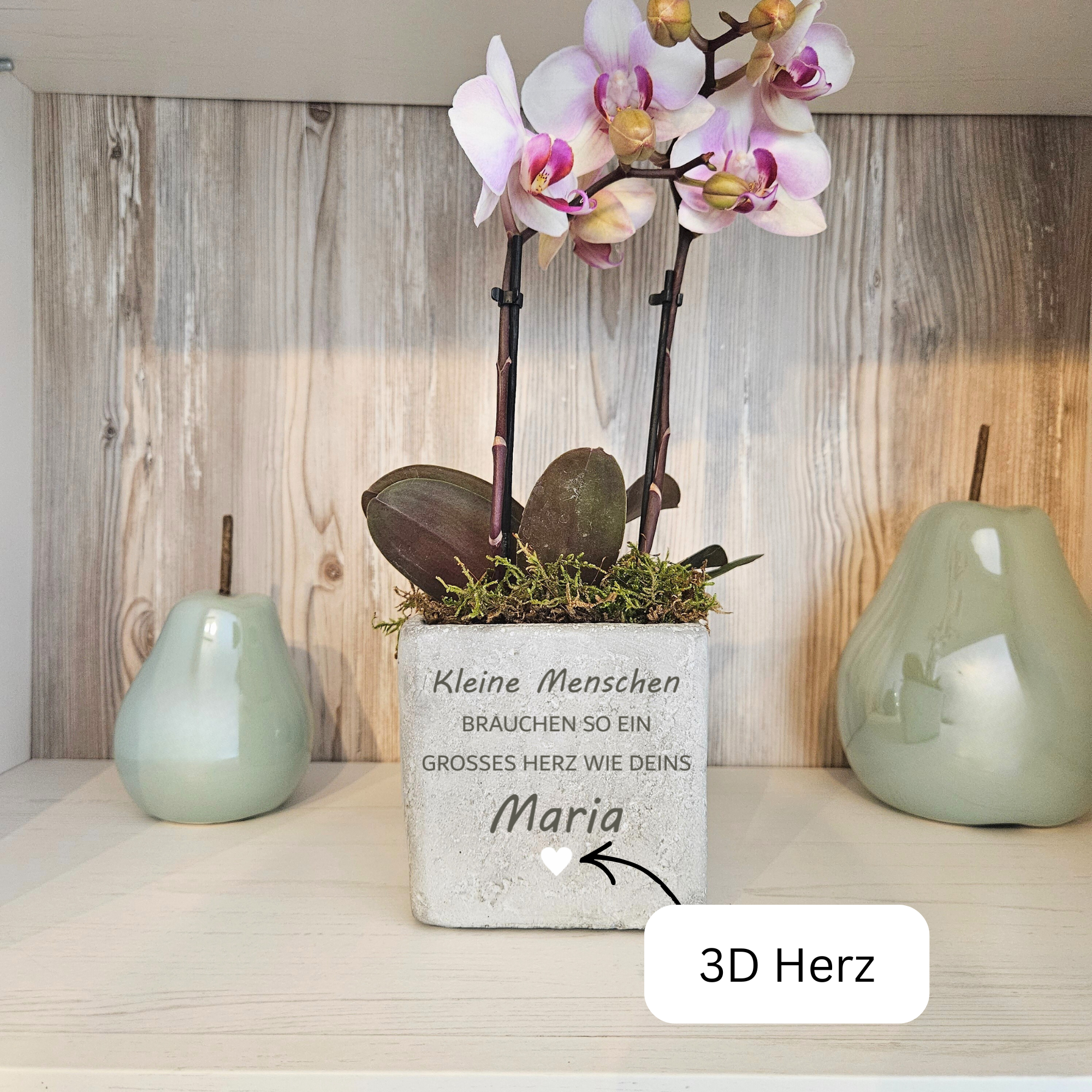 Abschiedsgeschenk Erzieherin personalisiert – Blumentopf aus Beton mit Gravur & 3D Herz - 2 Größen