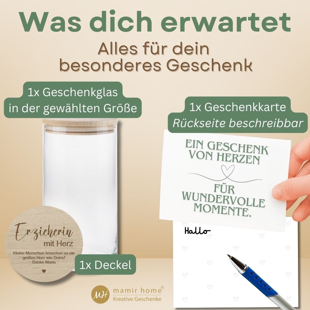 Geschenkglas mit Karte als Abschiedsgeschenk für Lehrerin oder Erzieherin mit Namensgravur
