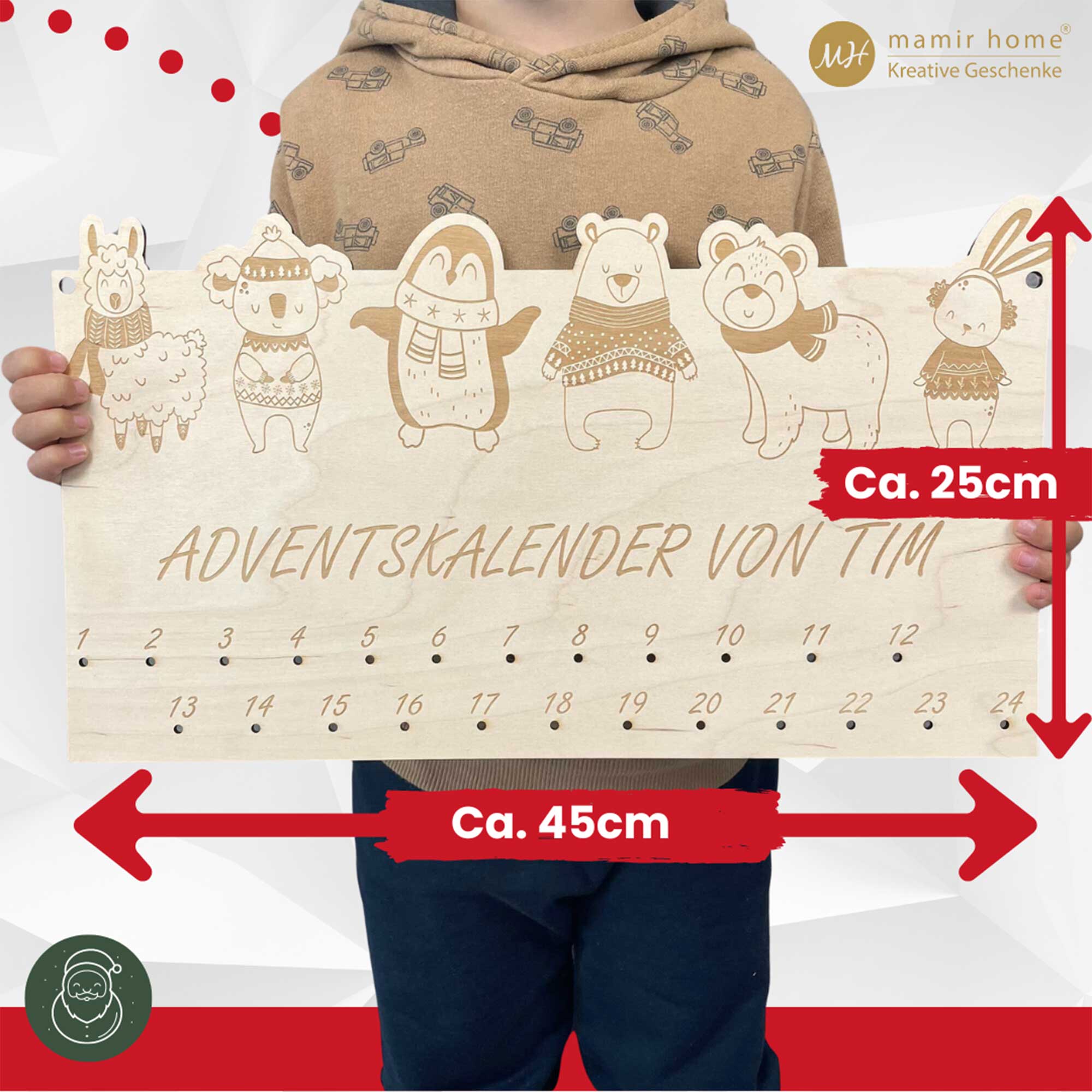 Größenvergleich des personalisierten Adventskalenders Holz (ca. 45x25 cm) mit Tiermotiven – Adventskalender zum Befüllen Kinder