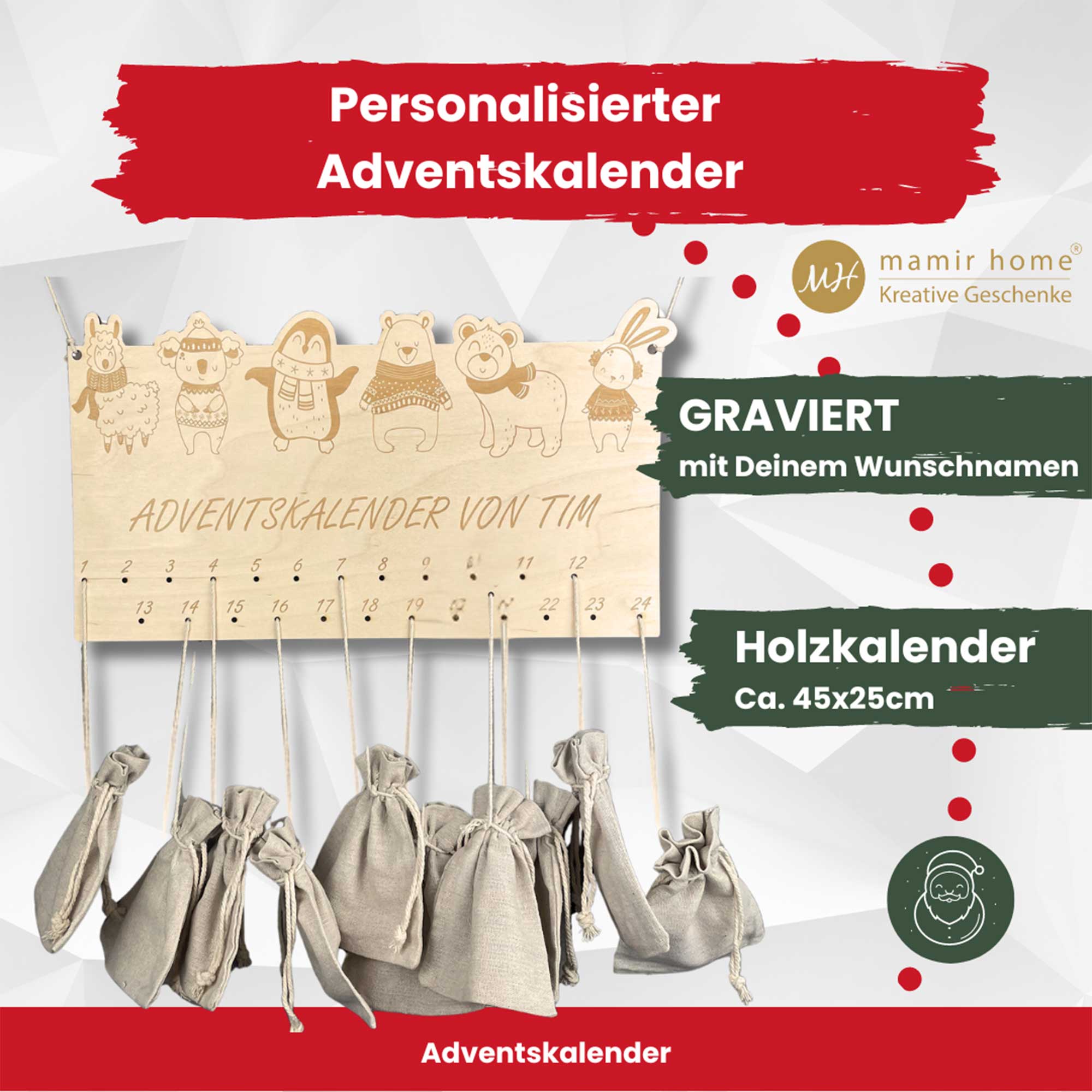 Infobild: Personalisierter Adventskalender Holz (45x25 cm) mit Gravur, Namen und Jutesäckchen – Adventskalender Kinder