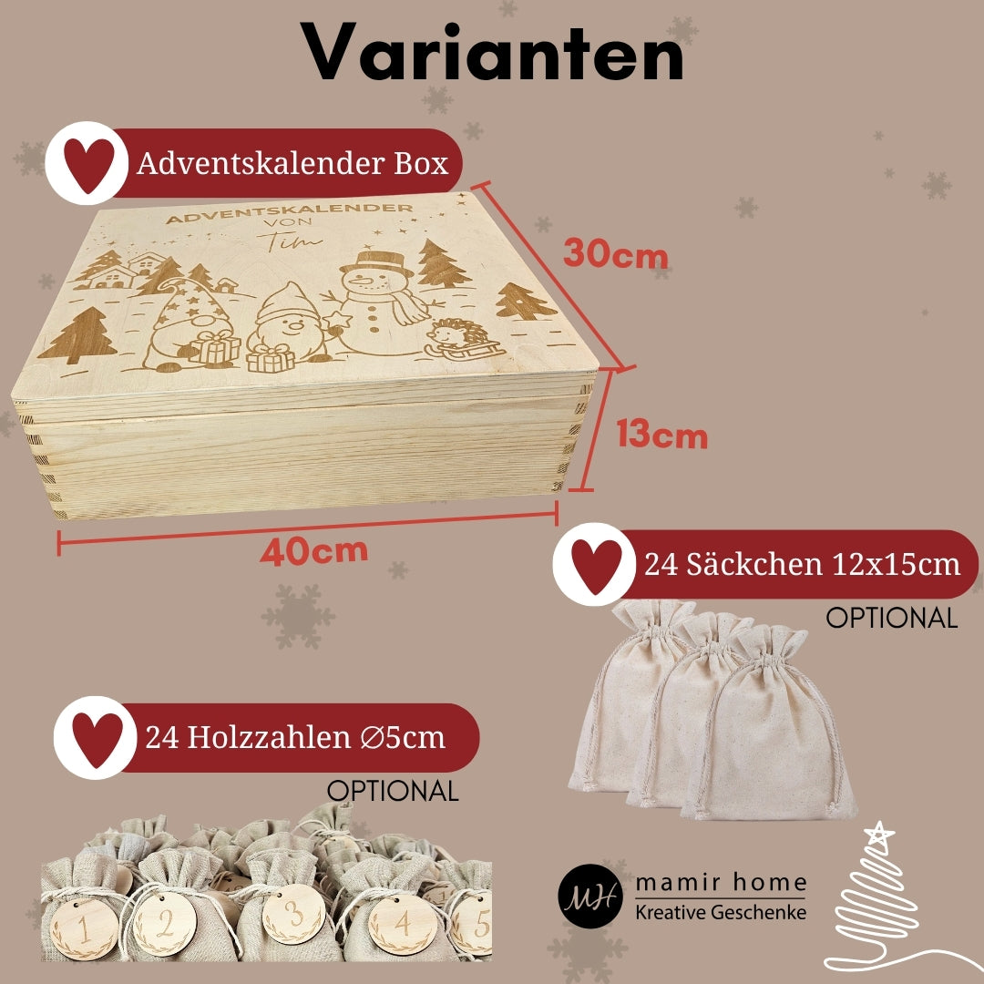 Adventskalender Box Varianten mit optionalen Säckchen und Holzzahlen, nachhaltige Geschenkidee