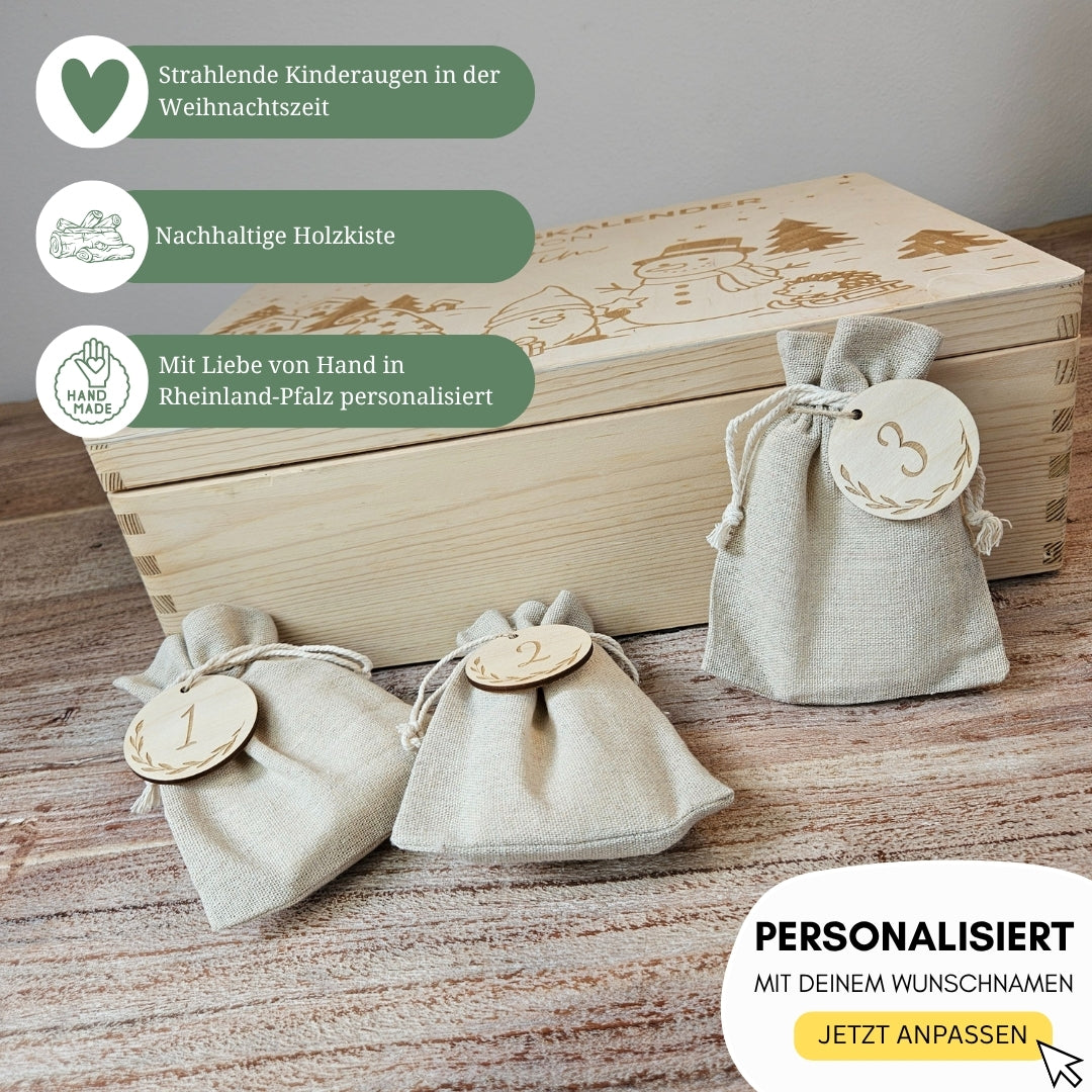 Hochwertig gravierte Adventskiste mit Schneemann und Wichtelmotiv, Geschenkidee für Kinder