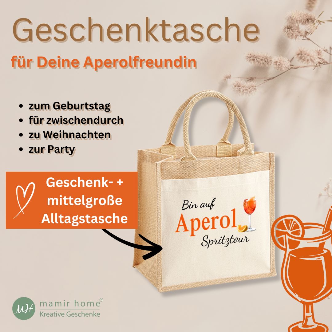 Mittlere Jutetasche mit Aperol-Aufdruck, präsentiert als Geschenk für Aperolfreundin