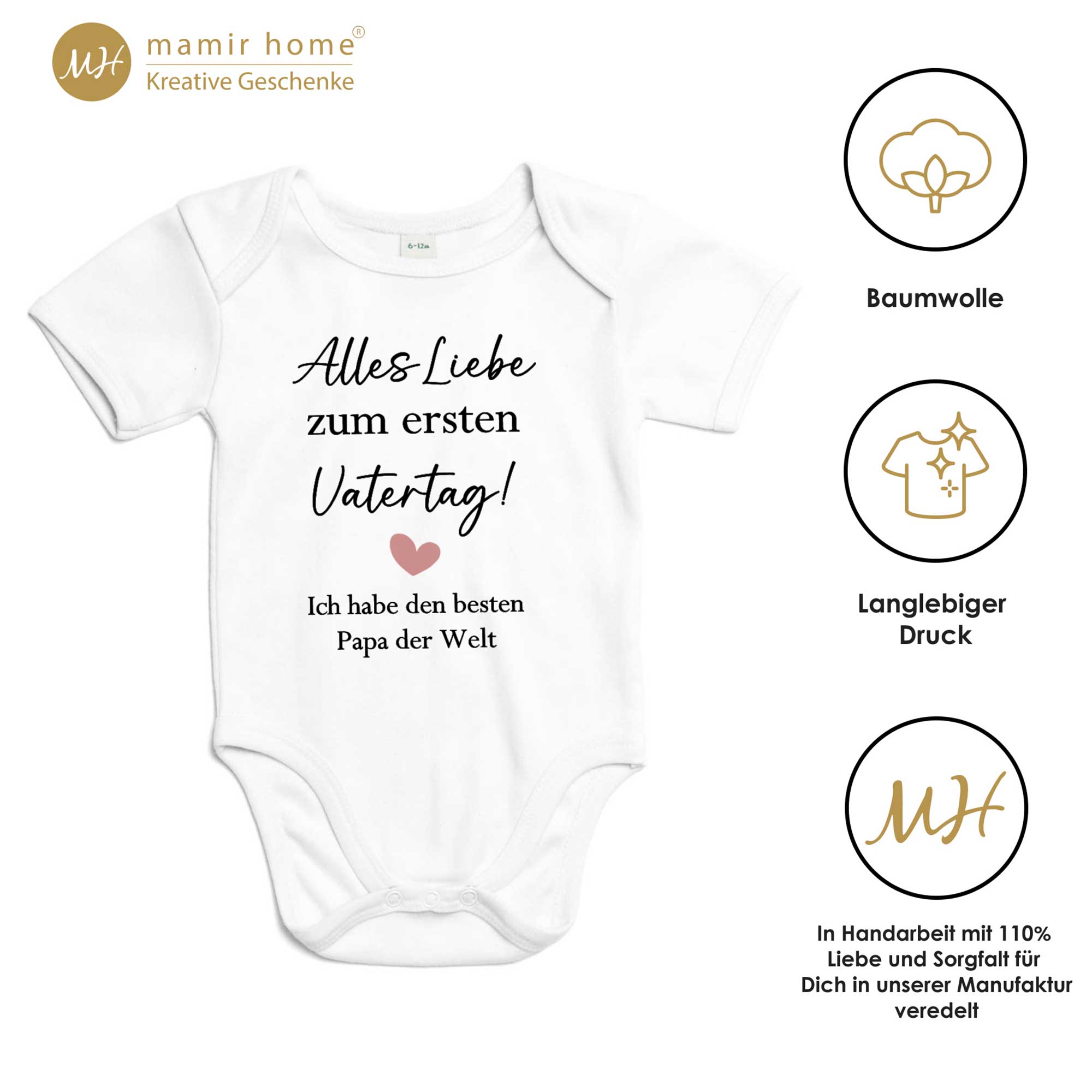 Baby Body mit Informationen über Material und Druckqualität – Geschenk zum Vatertag