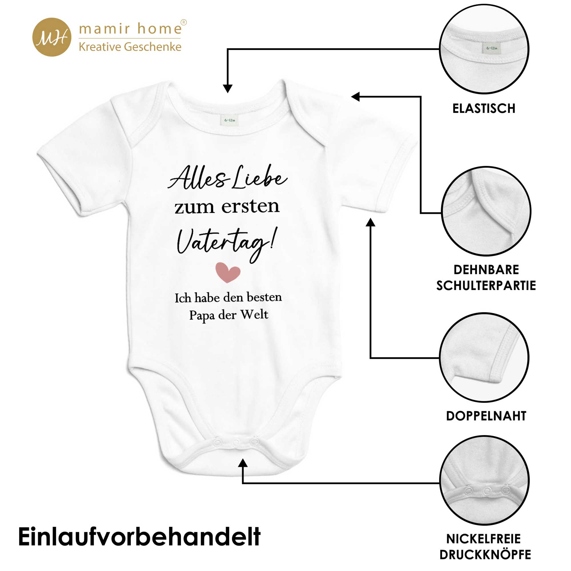 Infobild zeigt die Details des Vatertags-Babybodys – Druckknöpfe, Passform, Qualität