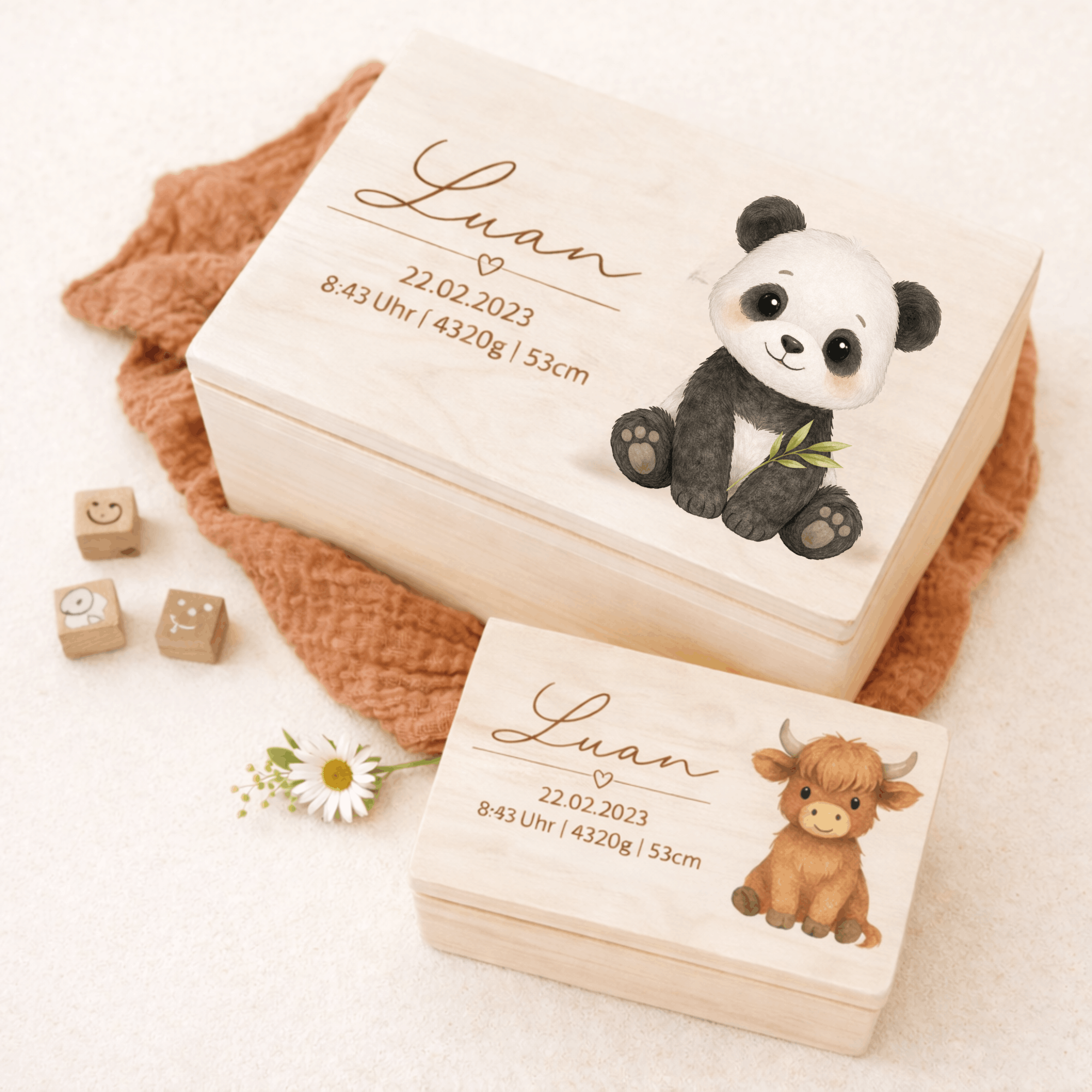 Personalisierte Erinnerungskiste Baby aus Holz – mit Tiermotiv & Geburtsdaten