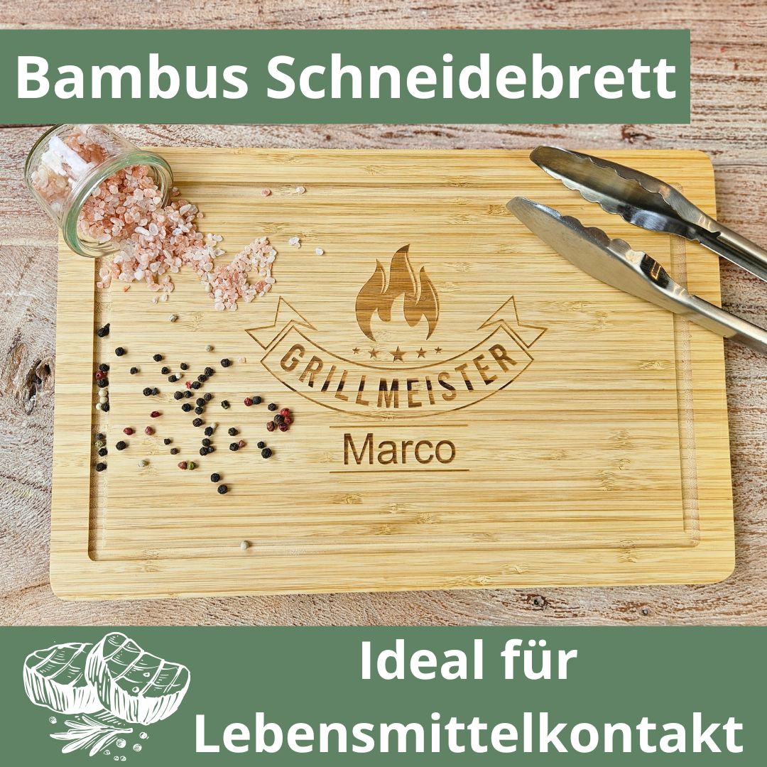 Bambus Schneidebrett mit personalisierter Gravur Grillmeister – hygienisch, lebensmittelsicher und ein tolles Geschenk für Männer.