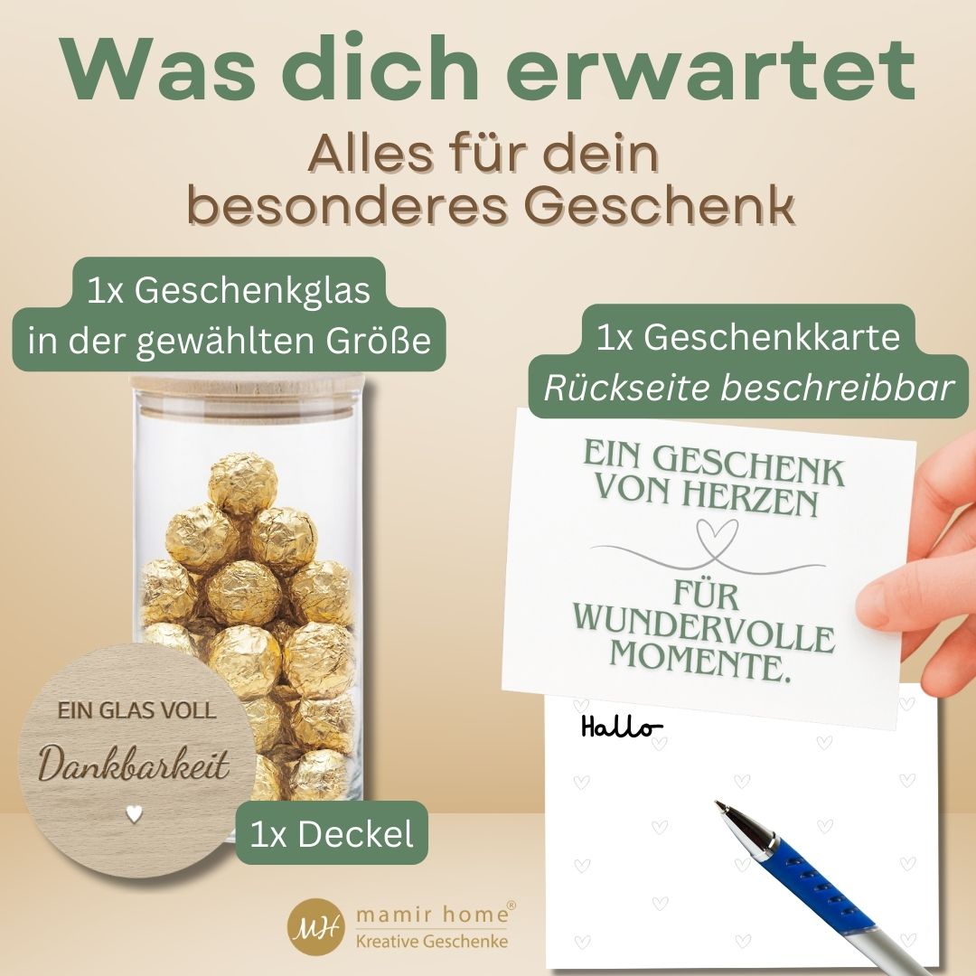 Lieferumfang des Geschenkglases mit Deckel 'Ein Glas voll Dankbarkeit' und beschreibbarer Geschenkkarte